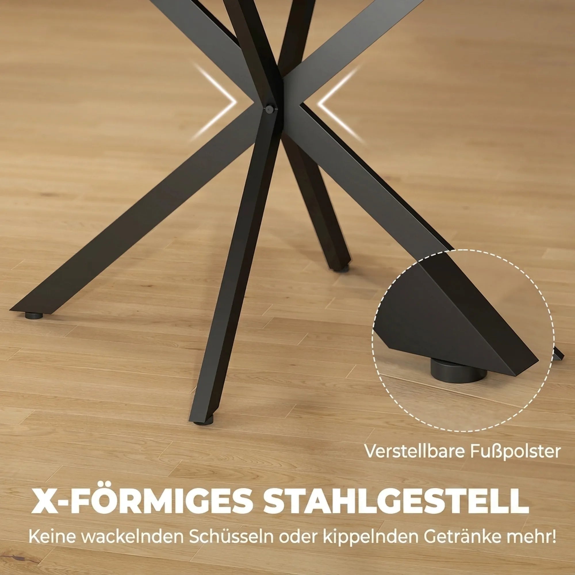 Juodo metalinio X formos stalo kojų detalė su reguliuojamais padais