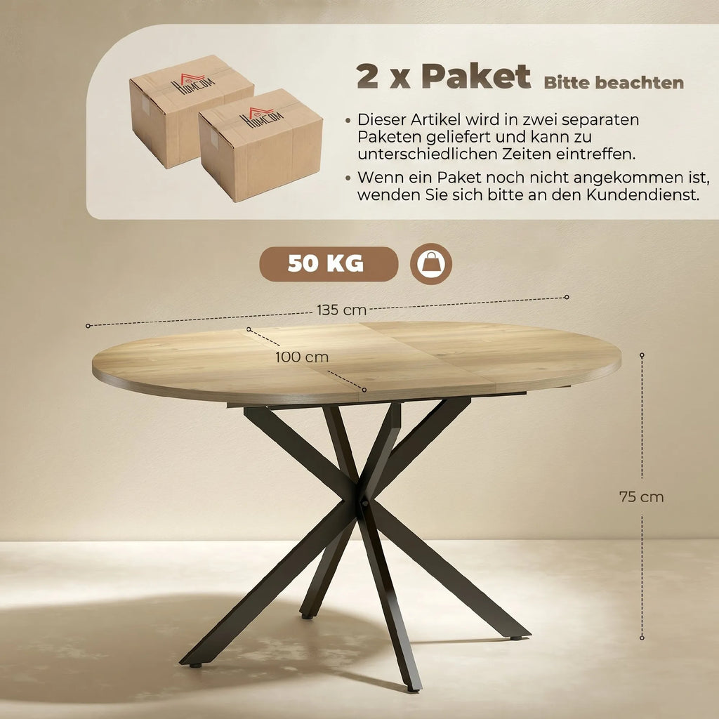 Išskleidžiamas valgomojo stalas su X formos kojomis, 100–135 cm, natūralaus medžio spalvos