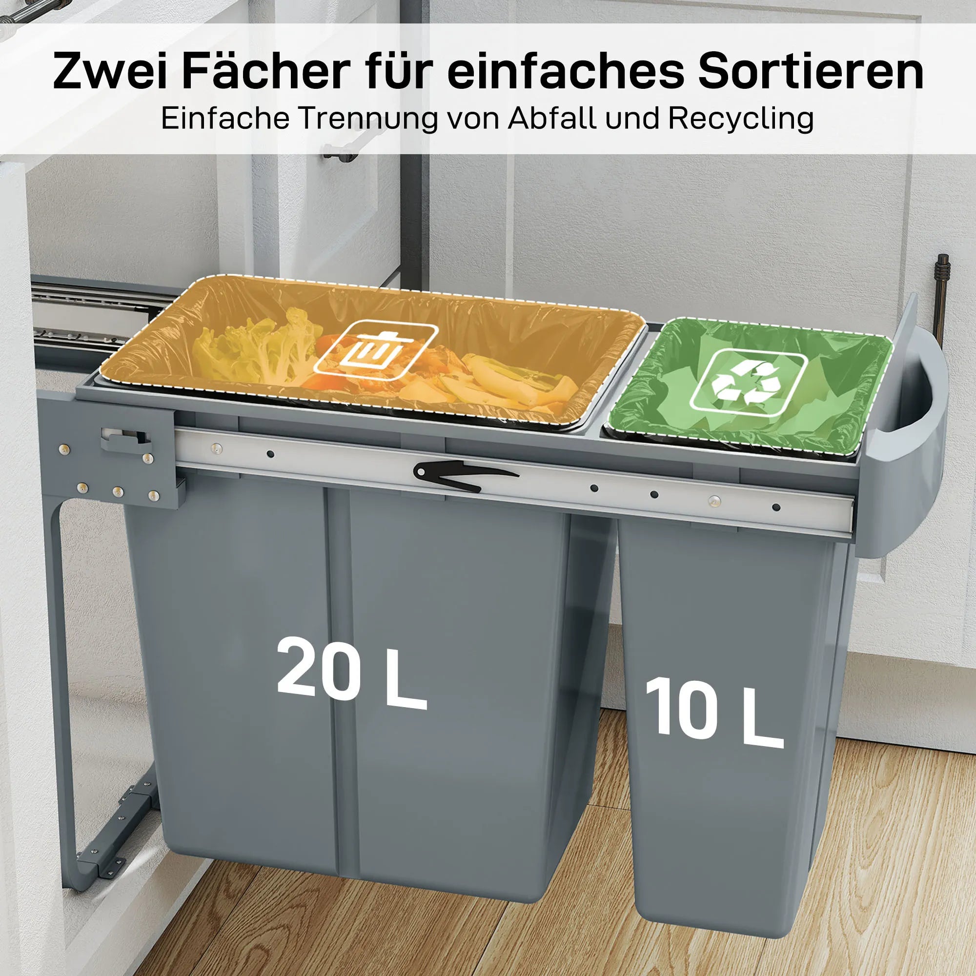Ištraukiama šiukšliadėžė su 2 skyriais, 30 l, pilka