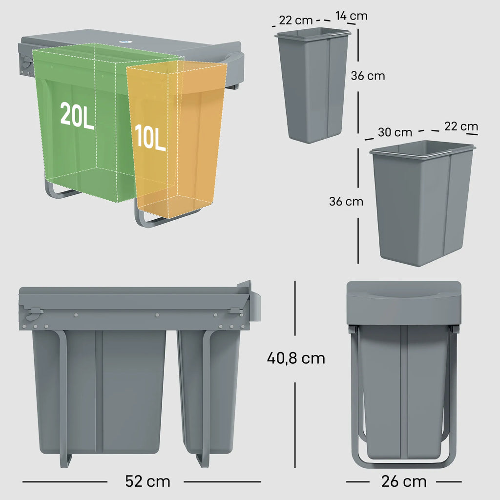 Ištraukiama šiukšliadėžė su 2 skyriais, 30 l, pilka