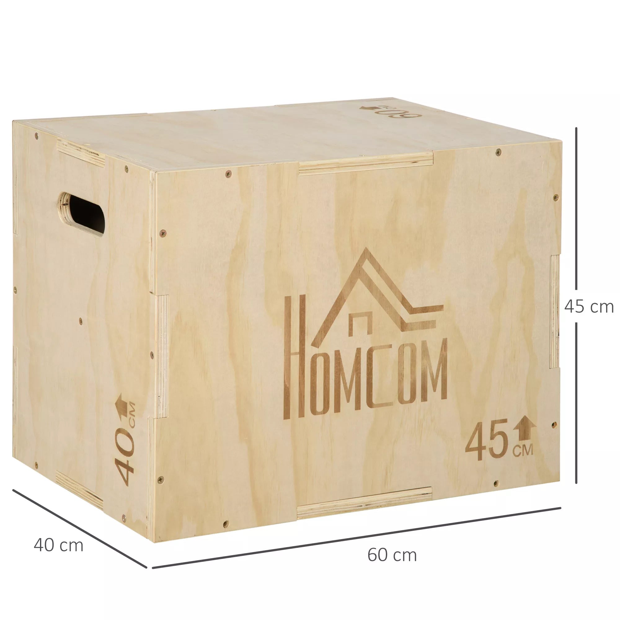 Plyo Box, medinė šokimo dėžė, plyometrinė platforma su rankena namams, 45 x 40 x 60 cm, natūralaus medžio