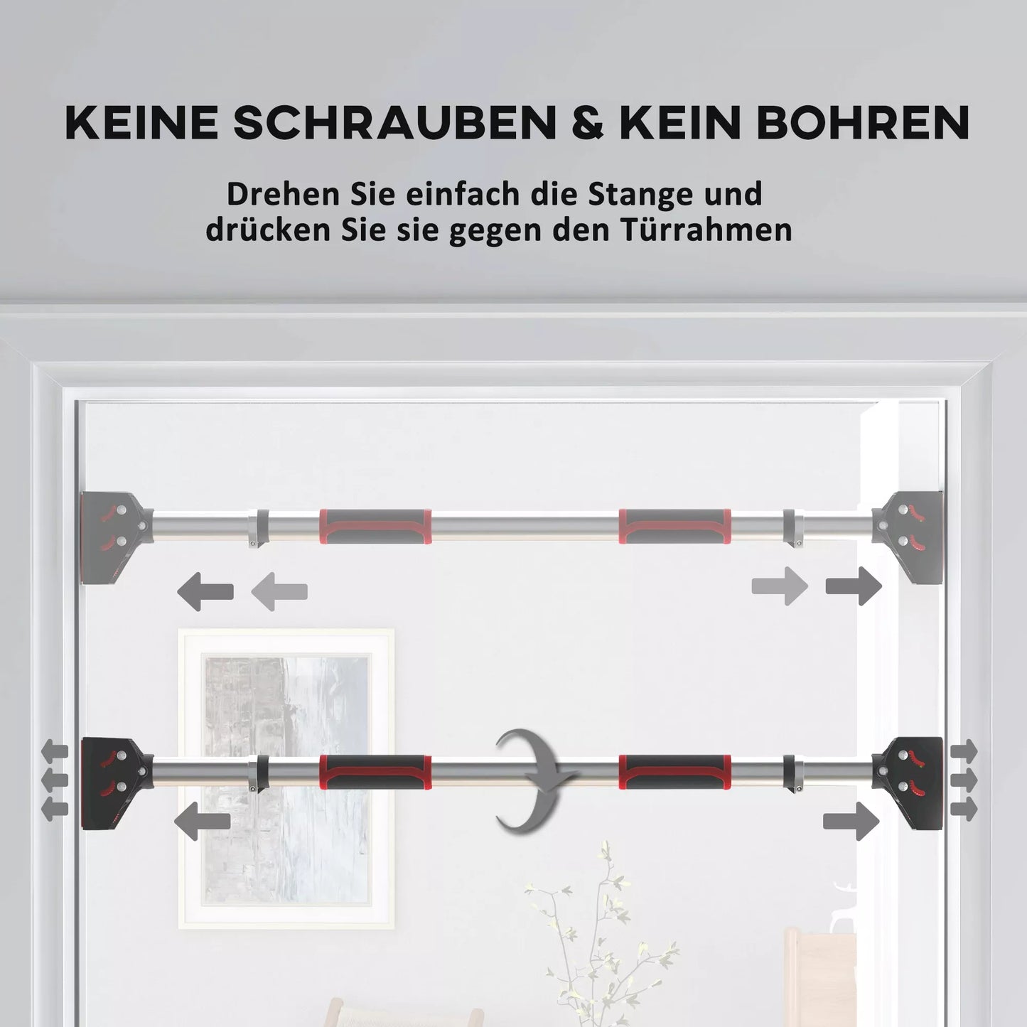 Reguliuojamas prisitraukimų strypas durų staktoms, montuojamas be gręžimo, plieninis, iki 200 kg, 75-92 x 10 x 7 cm, juodas/raudonas
