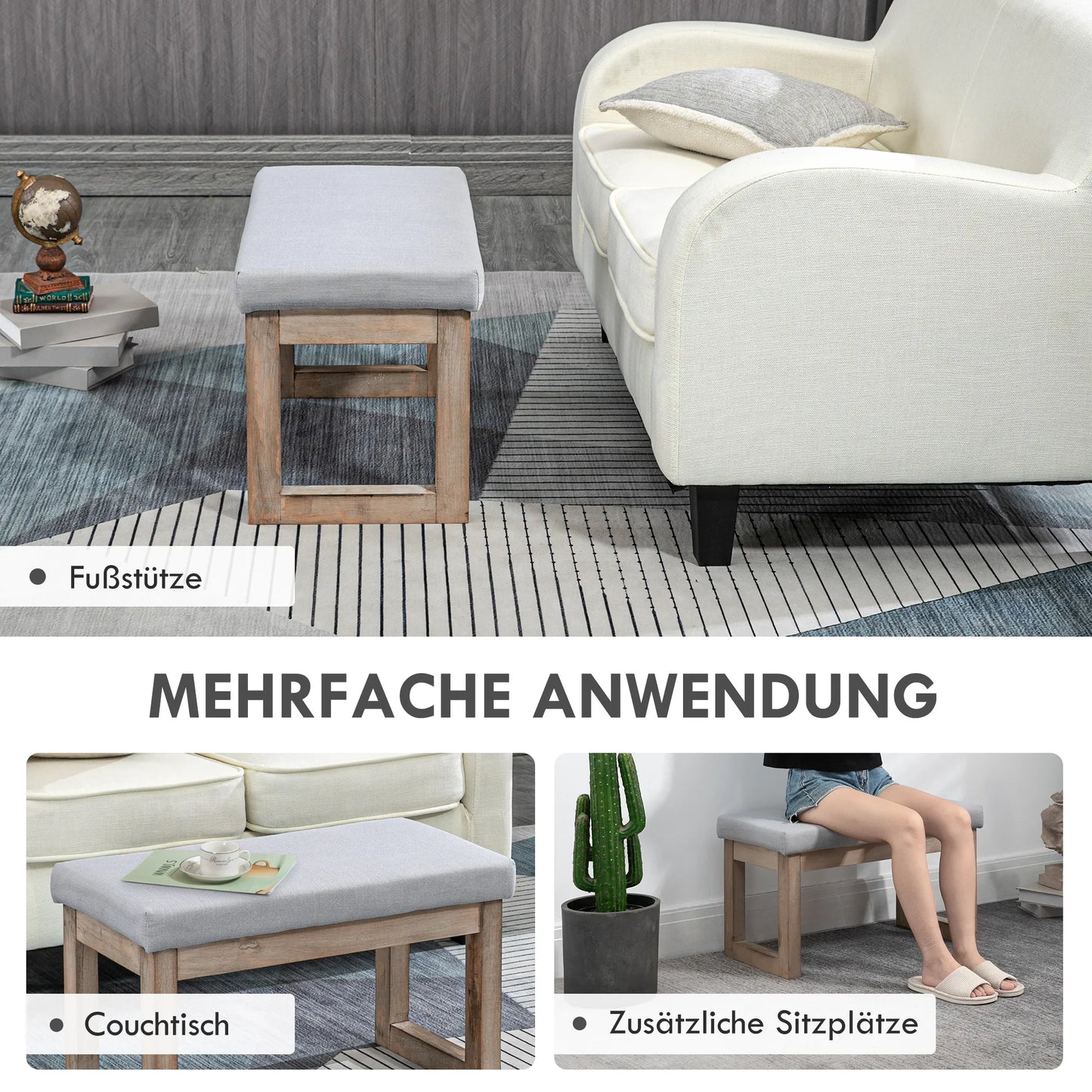 Pakoja skandinaviško dizaino, sėdima taburetė, pakoja, 68 cm x 38 cm x 42 cm, Pilka + Natūrali