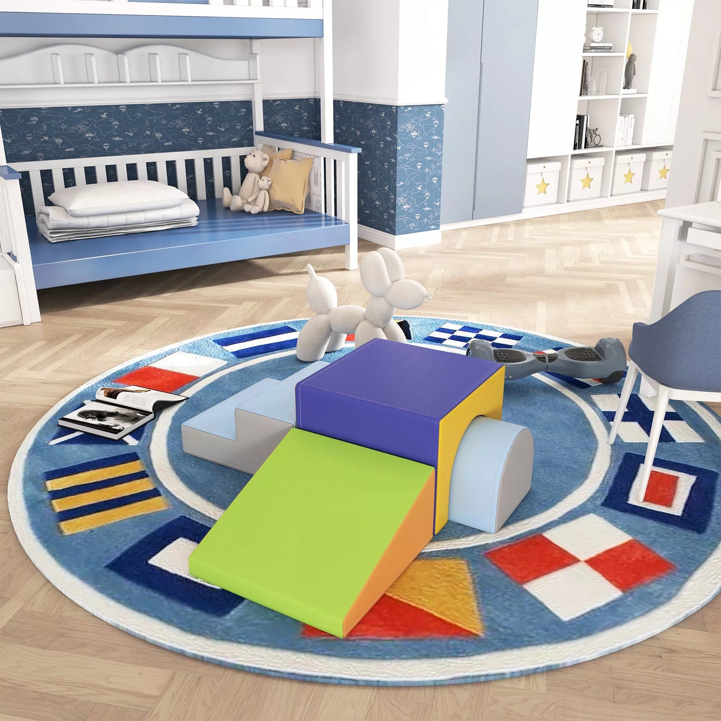 4 dalių minkštų blokelių rinkinys laipiojimui ir čiuožinėjimui, su dirbtinės odos užvalkalu, 1–3 metų vaikams, daugiaspalvis