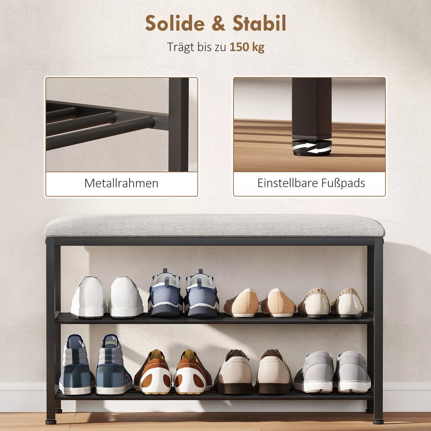 Batų suolas su sėdyne, suolas su daiktadėže, batų lentyna su 2 atviromis lentynomis, suolas 81 x 31 x 50 cm Juodas