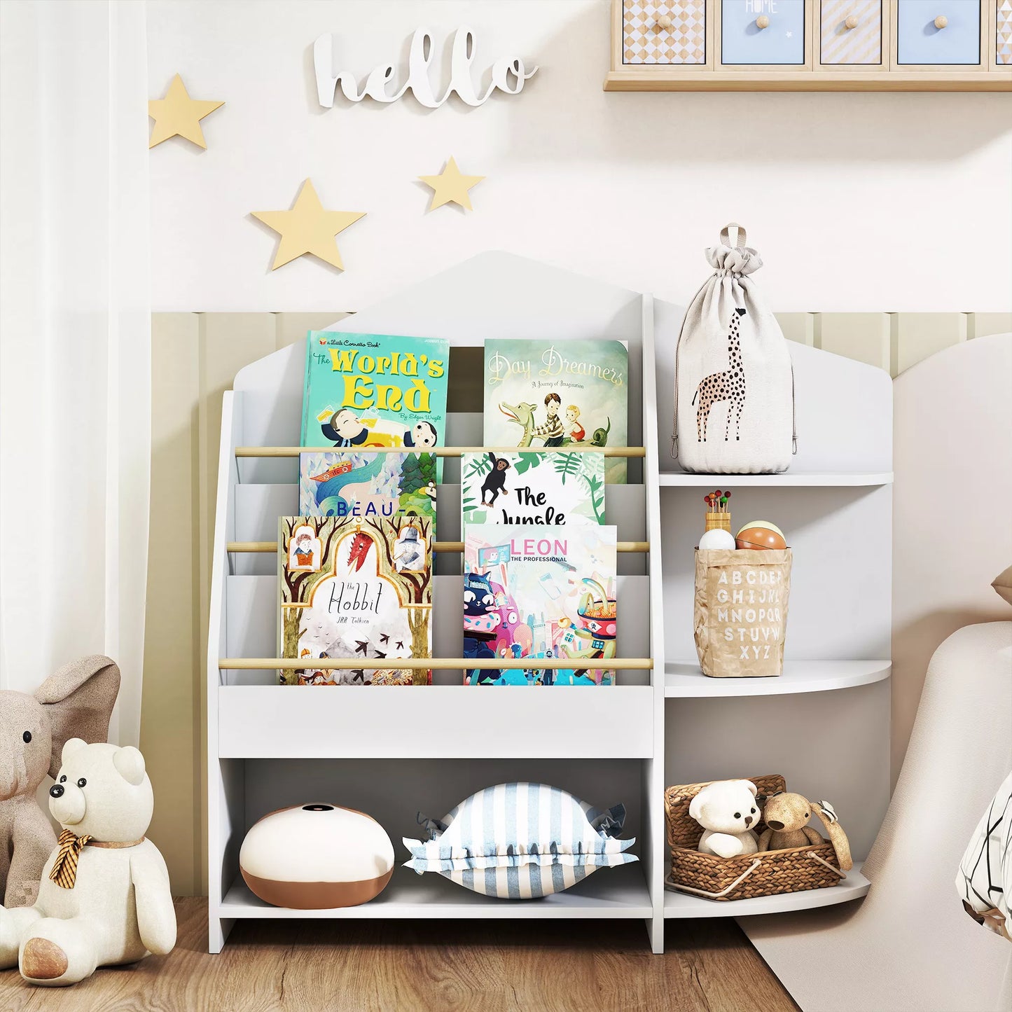 Vaikiška lentyna su 7 lentynomis knygoms, žaislams, suapvalintais kampais, atlaiko 40 kg, balta