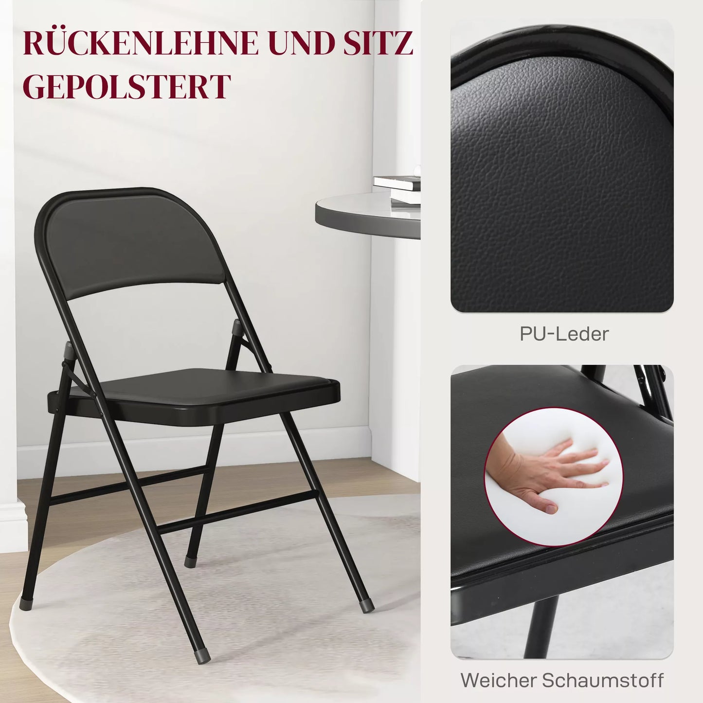 2 vnt. sulankstomos kėdės, nešiojamos biuro kėdės, metalinis pagrindas, sulankstoma kėdė biurui, priėmimui, laukiamajam, dirbtinė oda, juoda