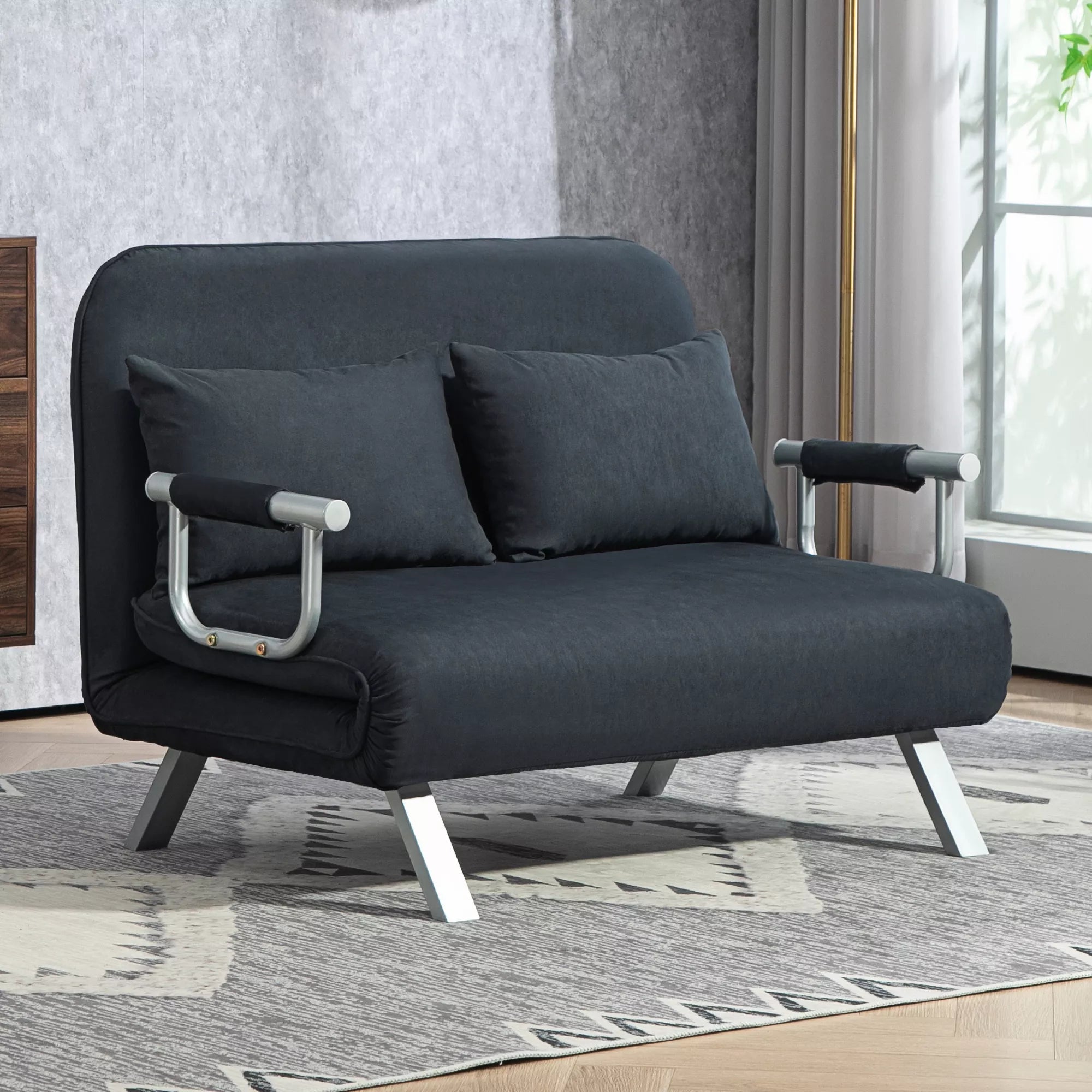 Miegamoji sofa, 5 padėčių reguliuojama, dirbtinio zomšo, plieninis rėmas, su pagalvėlėmis, juodos spalvos