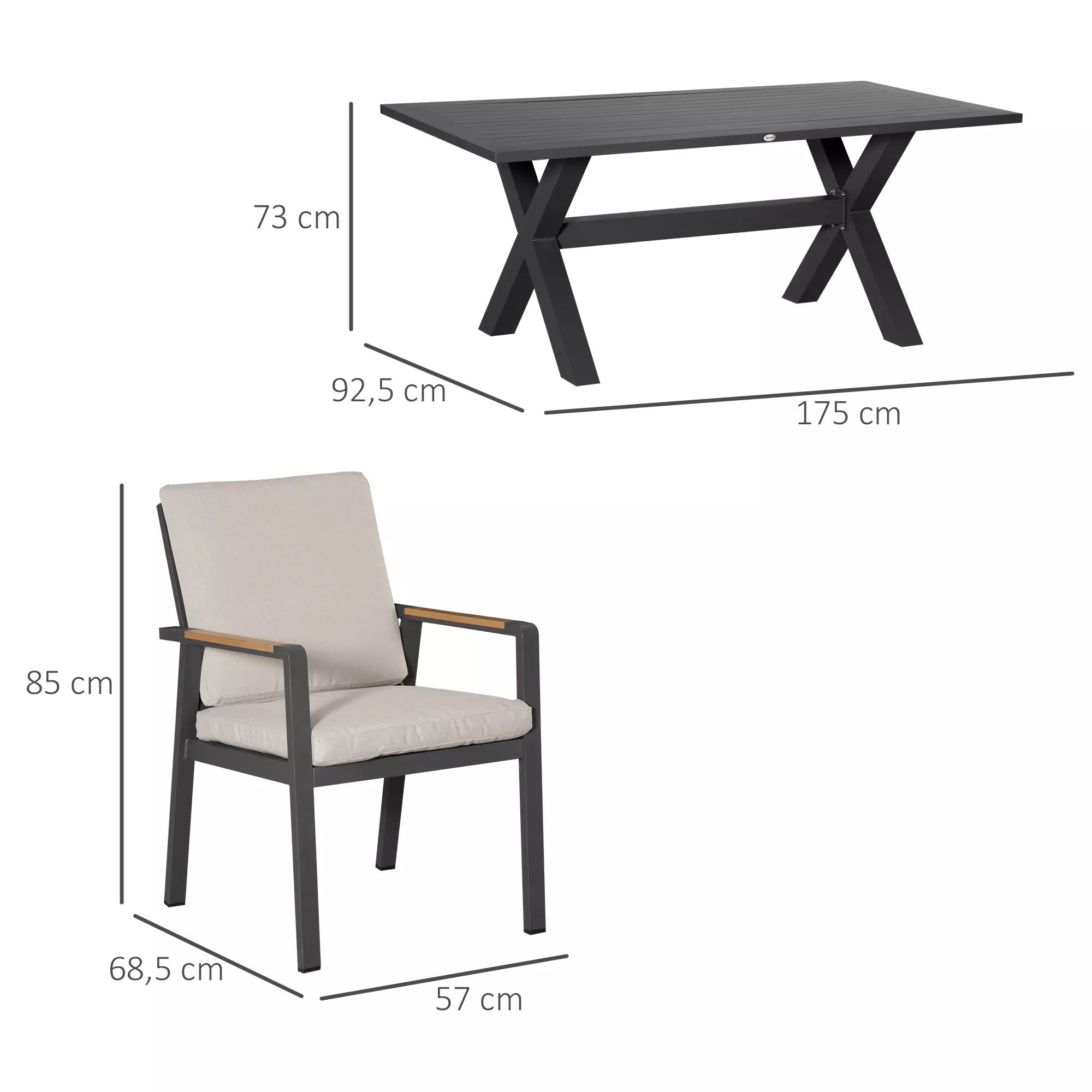 Sodo baldų komplektas 6 asmenims, 6 kėdės, 1 stalas, atsparus oro sąlygoms, 175 cm x 92 cm x 73 cm, juodos ir pilkos spalvos