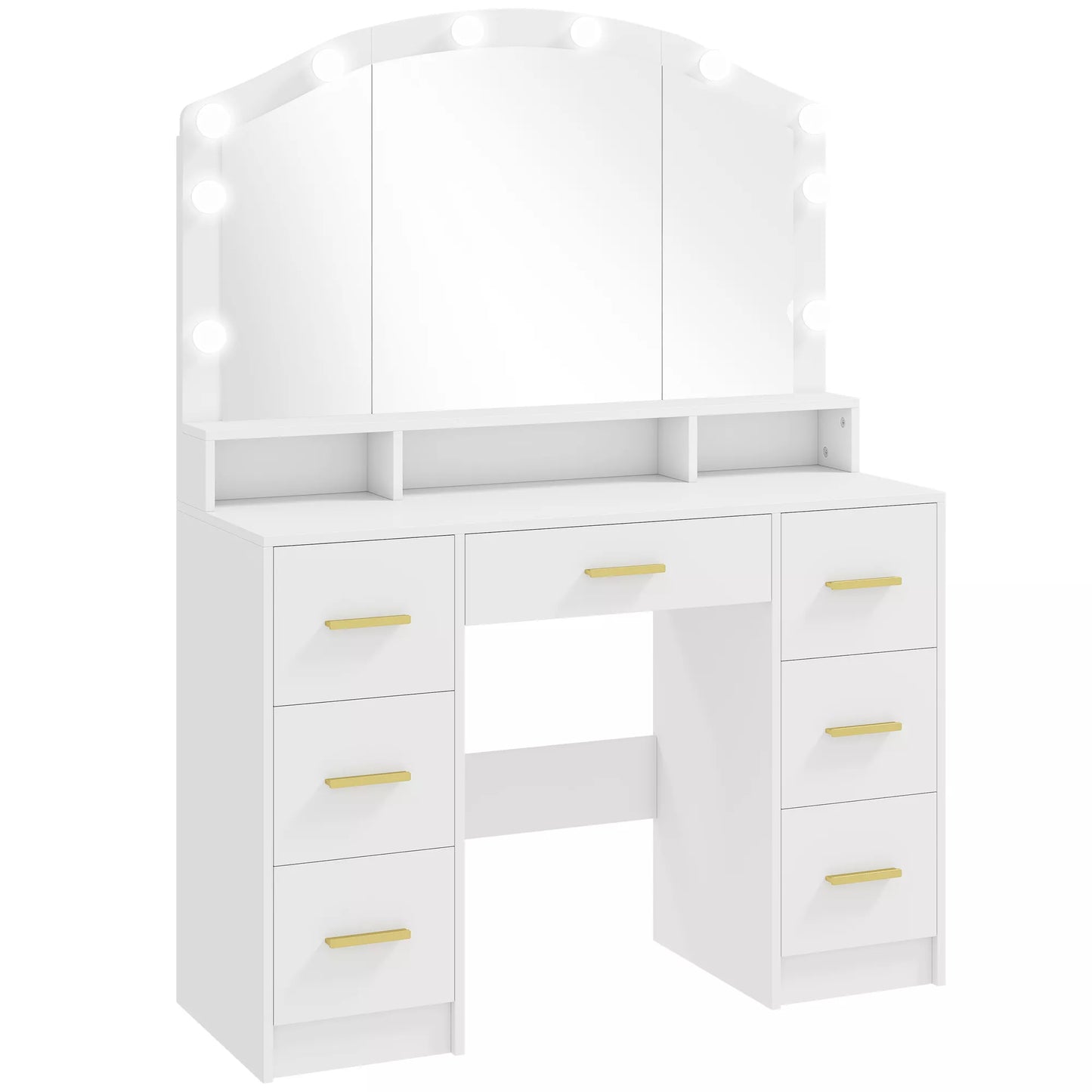 Kosmetinis staliukas su 10 LED Holivudo lempučių, veidrodis, 7 stalčiai, 3 skyreliai, MDF, balta