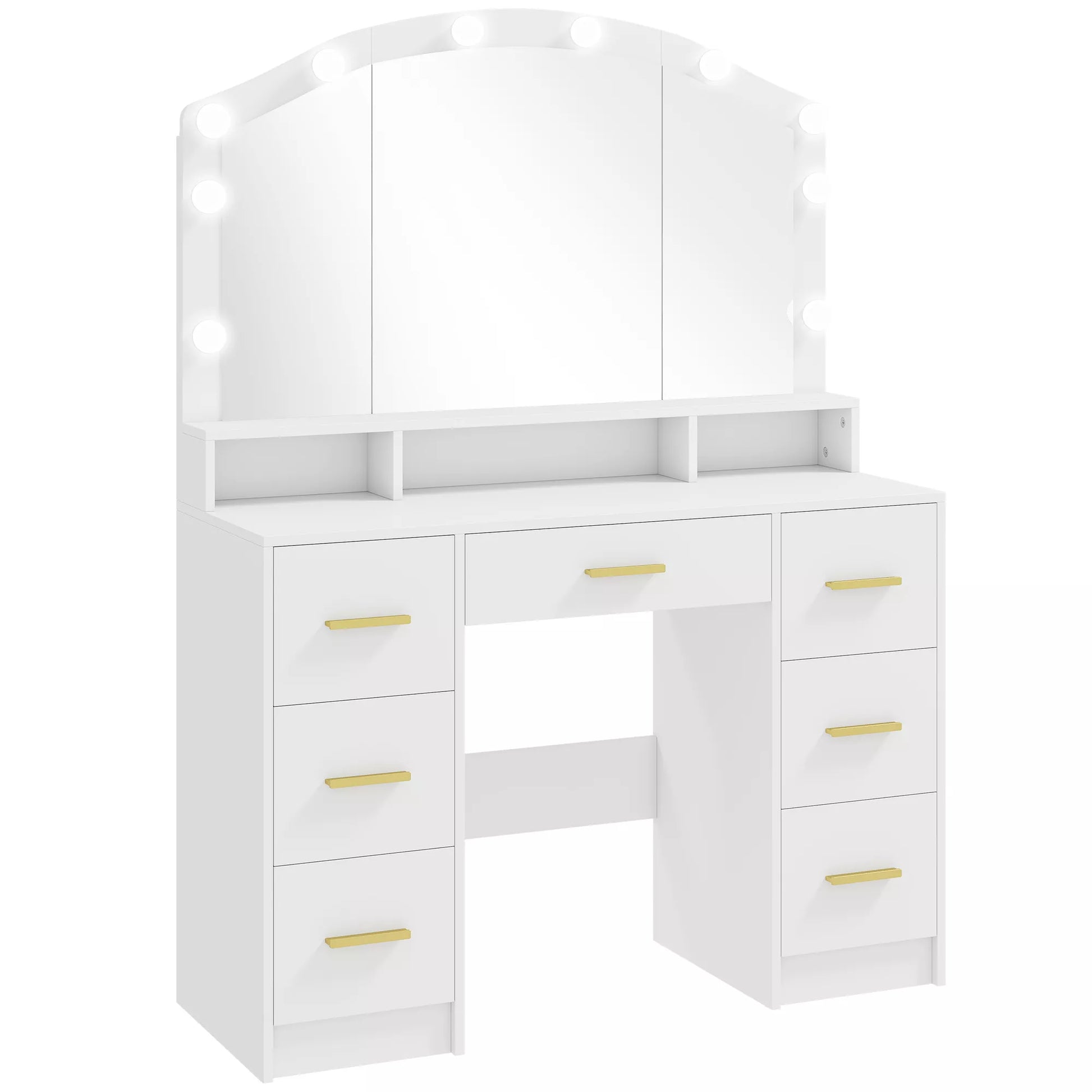 Kosmetinis staliukas su 10 LED Holivudo lempučių, veidrodis, 7 stalčiai, 3 skyreliai, MDF, balta