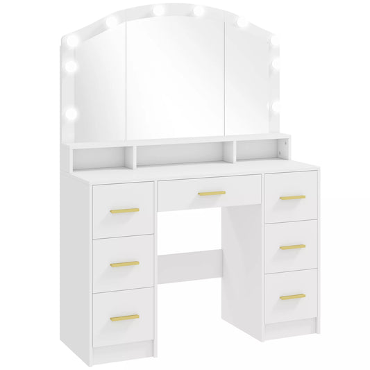 Kosmetinis staliukas su 10 LED Holivudo lempučių, veidrodis, 7 stalčiai, 3 skyreliai, MDF, balta
