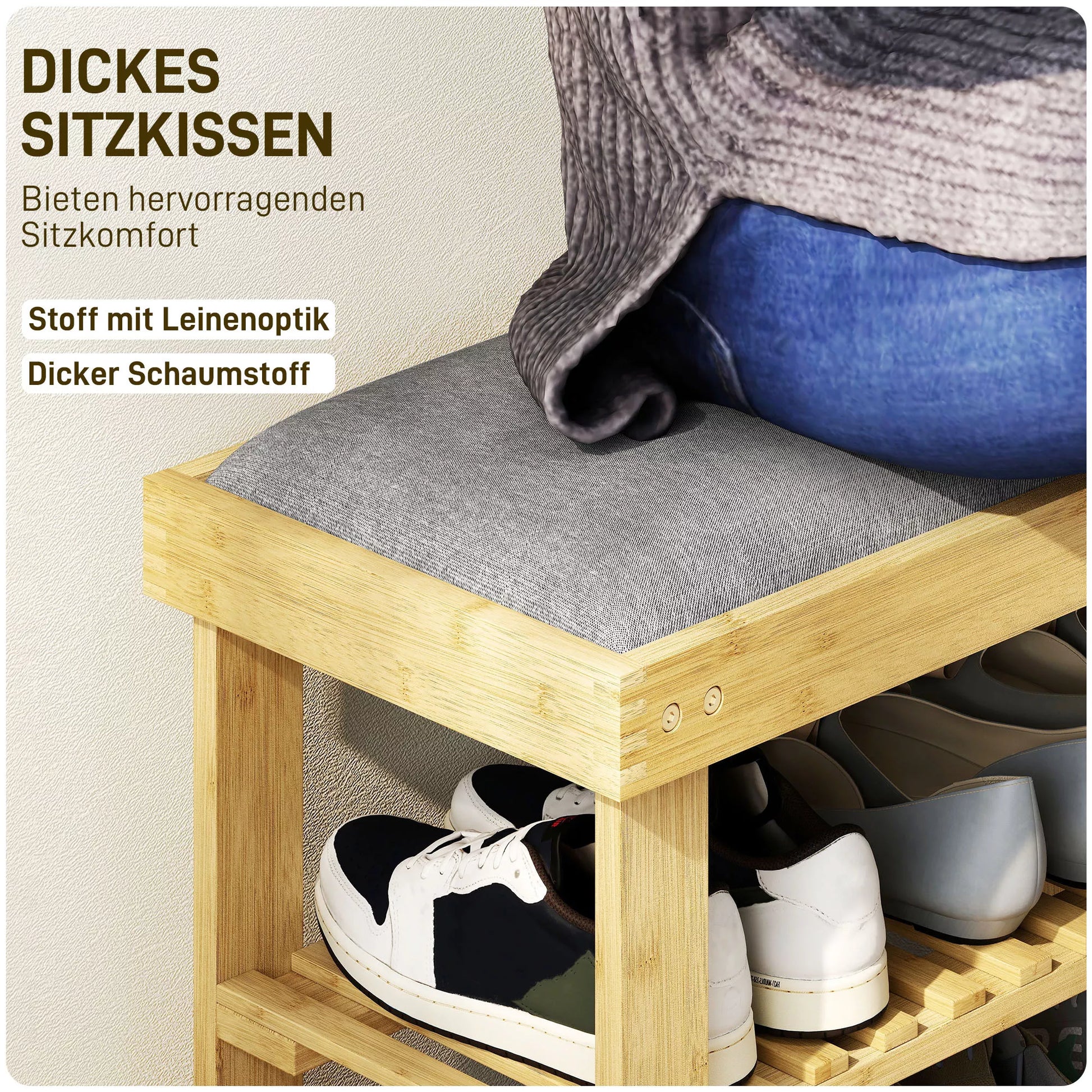 Batų suoliukas su sėdyne, prieškambario suoliukas su 2 atviromis lentynomis, bambukas, 60x29x49 cm, pilka