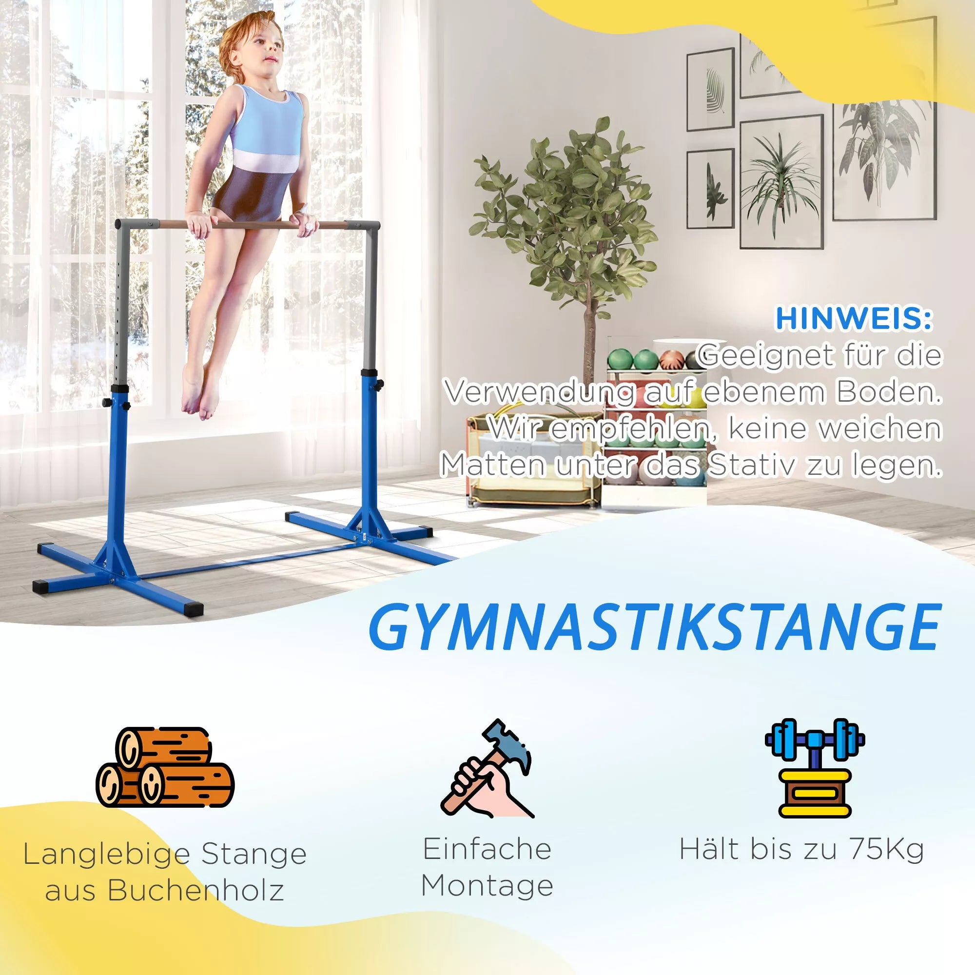Gimnastikos skersinis, 13 pakopų aukščio reguliavimas, skersinis, medinis skersinis ir tvirta plieninė konstrukcija, atlaikanti iki 75 kg svorį, skirtas 3 ir daugiau vaikų, naudoti patalpose ir lauke, mėlynos spalvos.