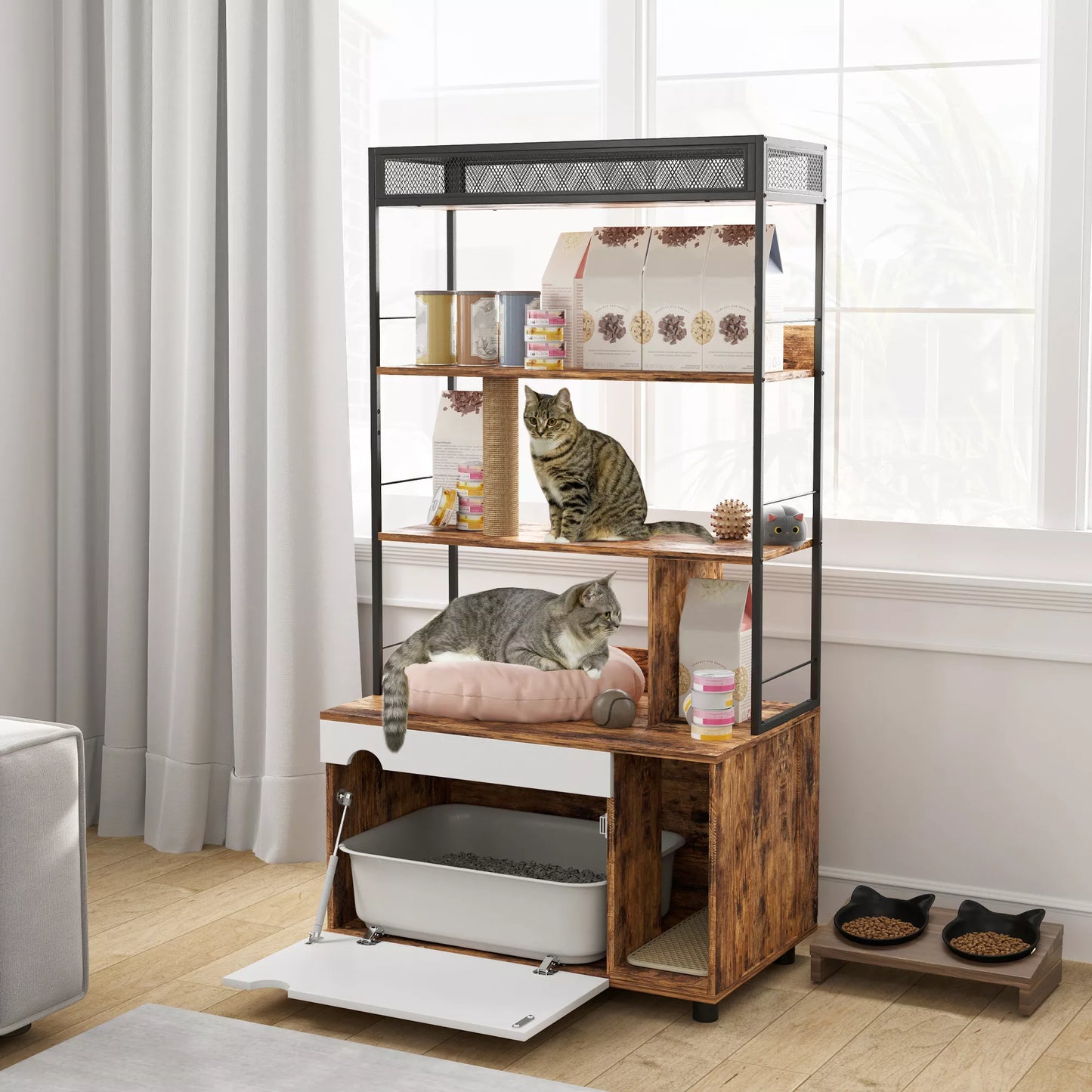 Uždaras kačių tualetas su 3 lygių lentyna ir draskykle, 80 x 48 x 152 cm, ruda