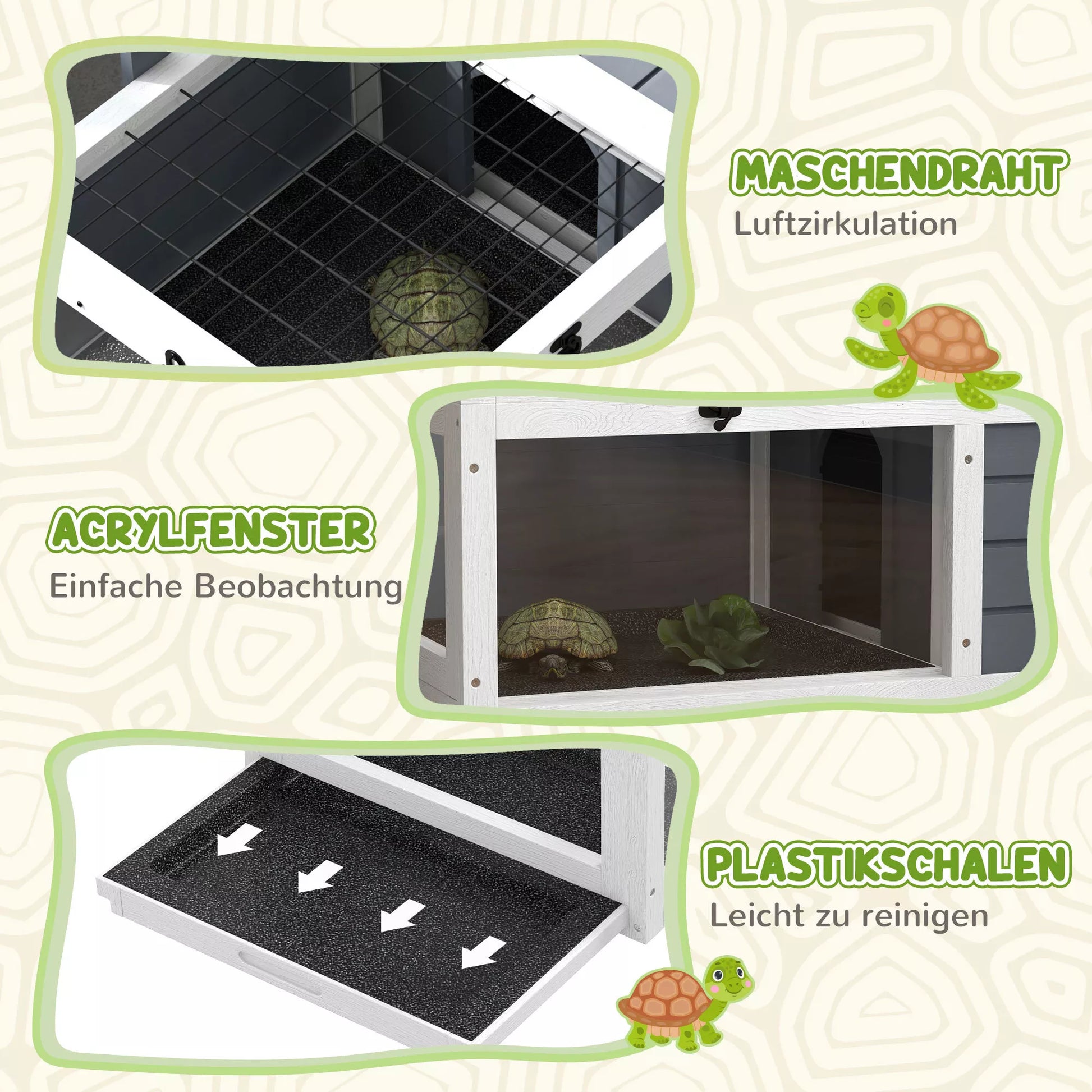 Vėžlių namelis, roplių dėžė su 2 kambariais, dangčiu, plastikiniais dubenėliais, langais, medžiu, pilka spalva