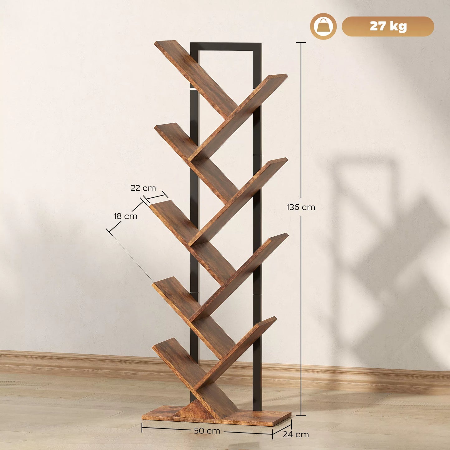 Siaura, 9 lygių, medžio formos pastatoma lentyna biurui, rustiškai rudos spalvos