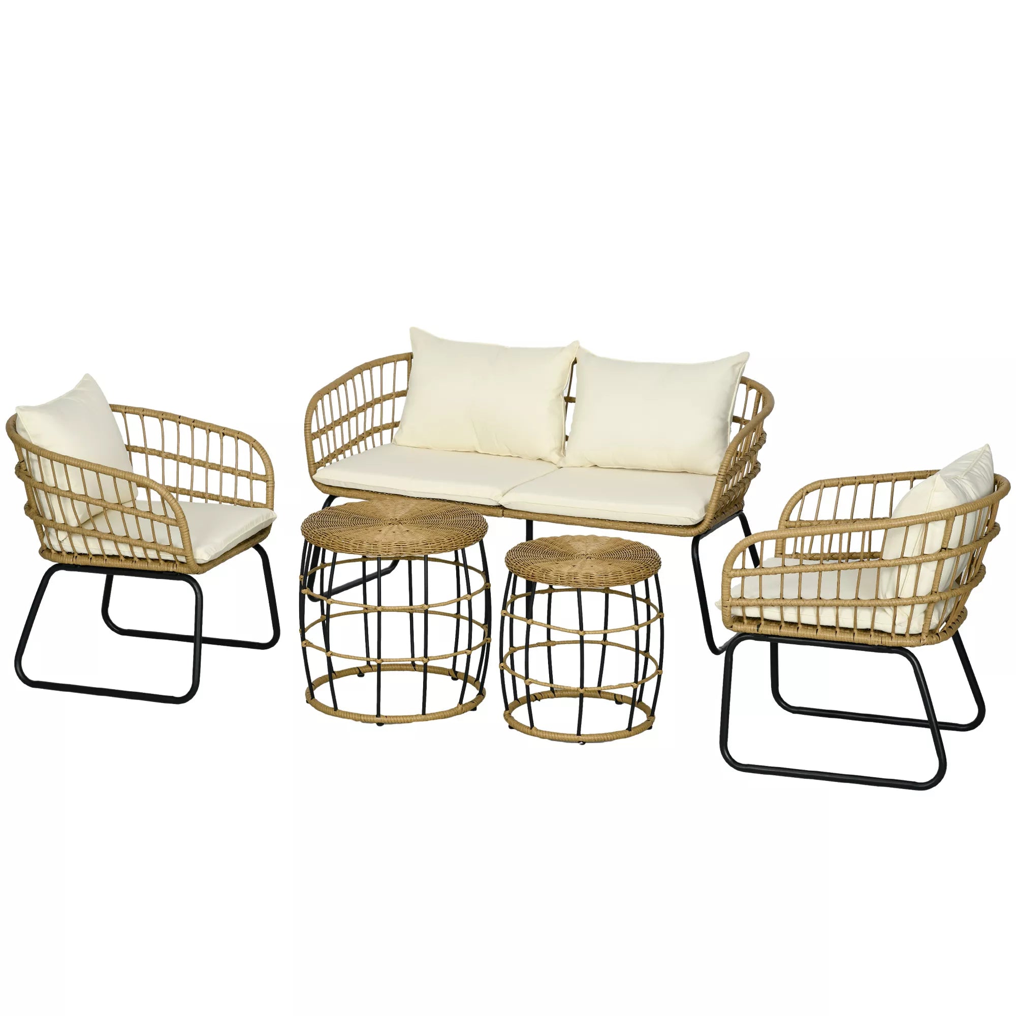 Rattanų sėdimoji grupė Lauko sėdimoji grupė, boho stiliaus, 5 dalių rinkinys, 145 x 70 x 78 cm, kreminė + natūrali + juoda