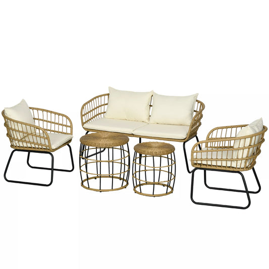 Lauko baldų komplektas iš rotango, svetainės baldų komplektas, Boho stiliaus, 5 dalių komplektas, 145 x 70 x 78 cm, kreminė + natūrali + juoda