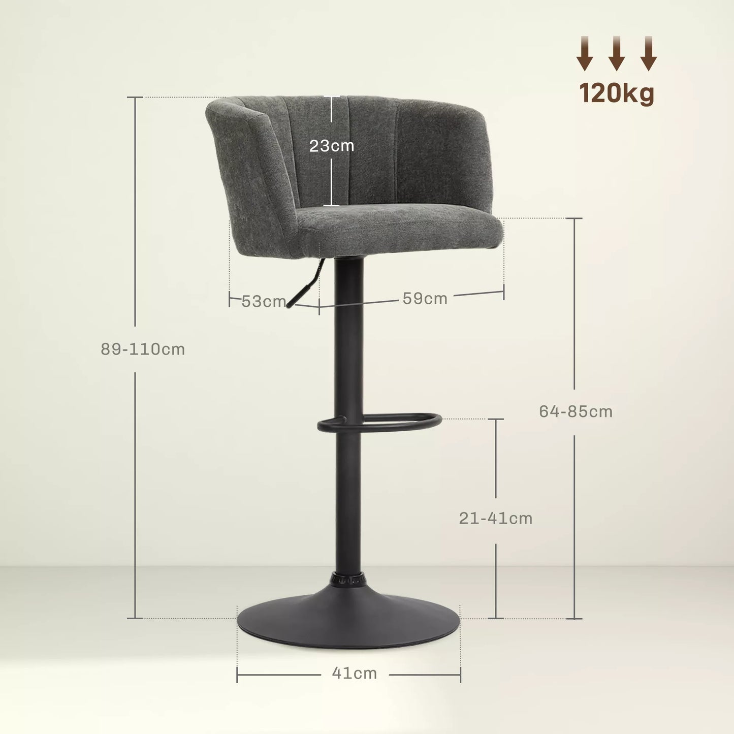 Baras kėdės, 2 vnt. rinkinys, atlošas, reguliuojamas aukštis, atrama kojoms, virtuvėms ar valgomojo kambariams, metalinis pagrindas, tamsiai pilkos spalvos