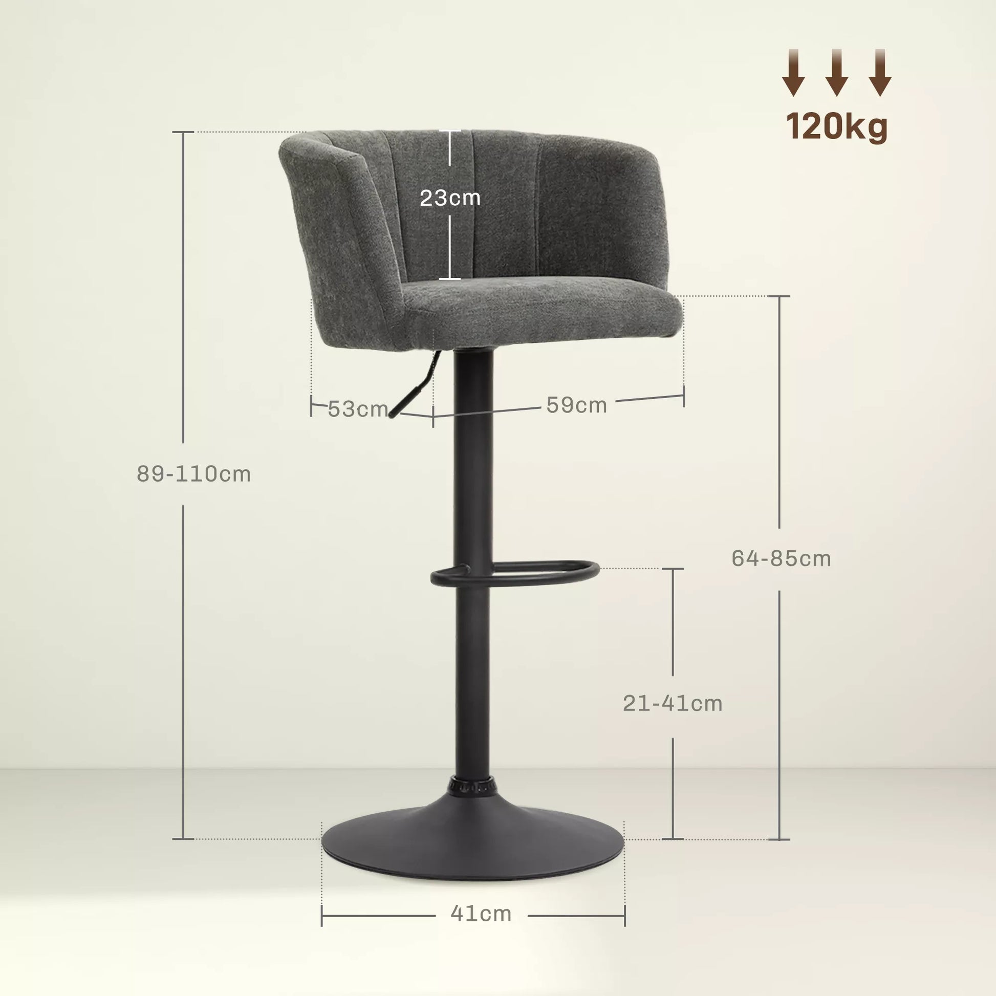 Baras kėdės, 2 vnt. rinkinys, atlošas, reguliuojamas aukštis, atrama kojoms, virtuvėms ar valgomojo kambariams, metalinis pagrindas, tamsiai pilkos spalvos