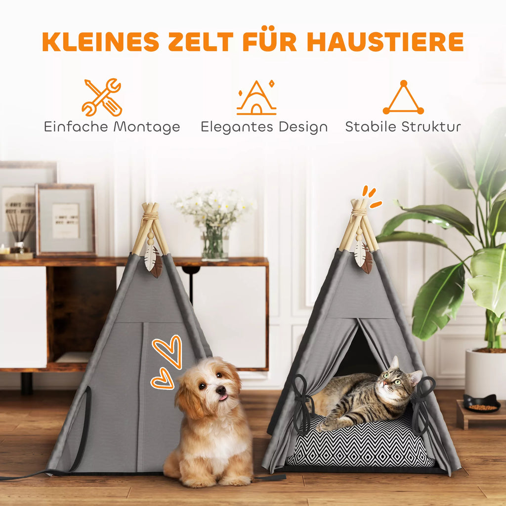 Tipi palapinė naminiams gyvūnams, gyvūnų lovelė tipi stiliaus, katės palapinė su pagalvėmis, šunų lovelė miegui, katės lovelė, pilka