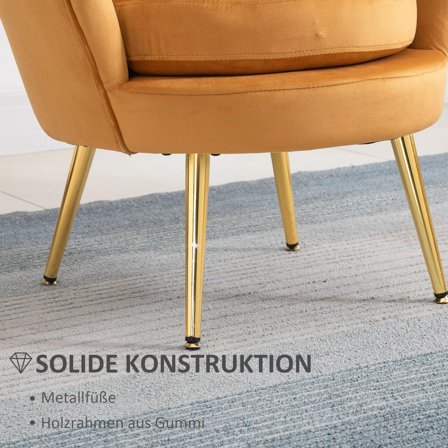 HOMCOM Laisvalaikio fotelis, Vintažinis fotelis su aksomo išvaizda, Metalinis rėmas, 76 x 67 x 74 cm, Geltonas