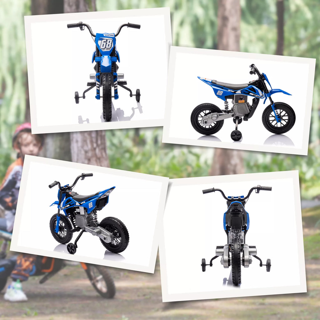 Vaikiškas elektrinis motociklas su pagalbiniais ratukais, 3–6 metų vaikams, mėlynas