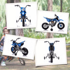Vaikiškas elektrinis motociklas su pagalbiniais ratukais, 3–6 metų vaikams, mėlynas