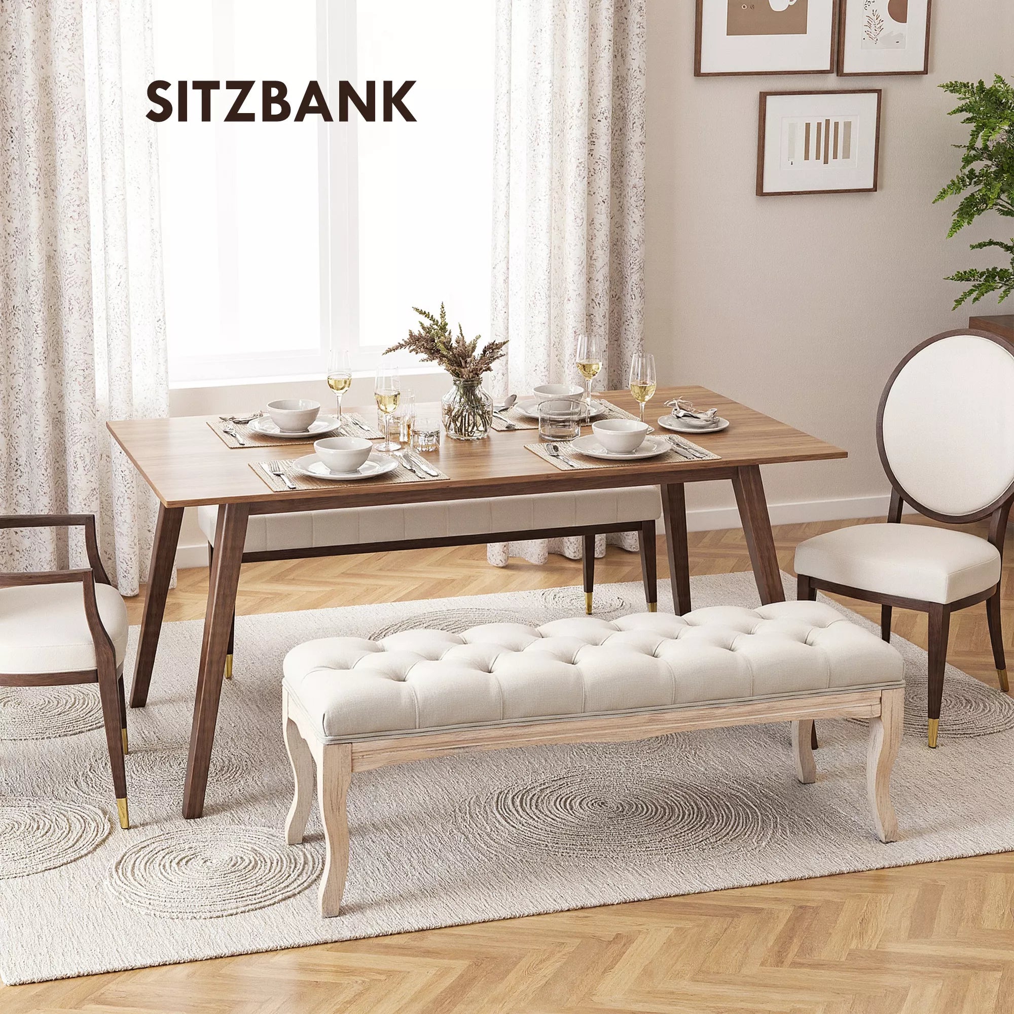 Suoliukas su lininiu apmušalu ir medinėmis kojelėmis, 110 cm, smėlio spalvos