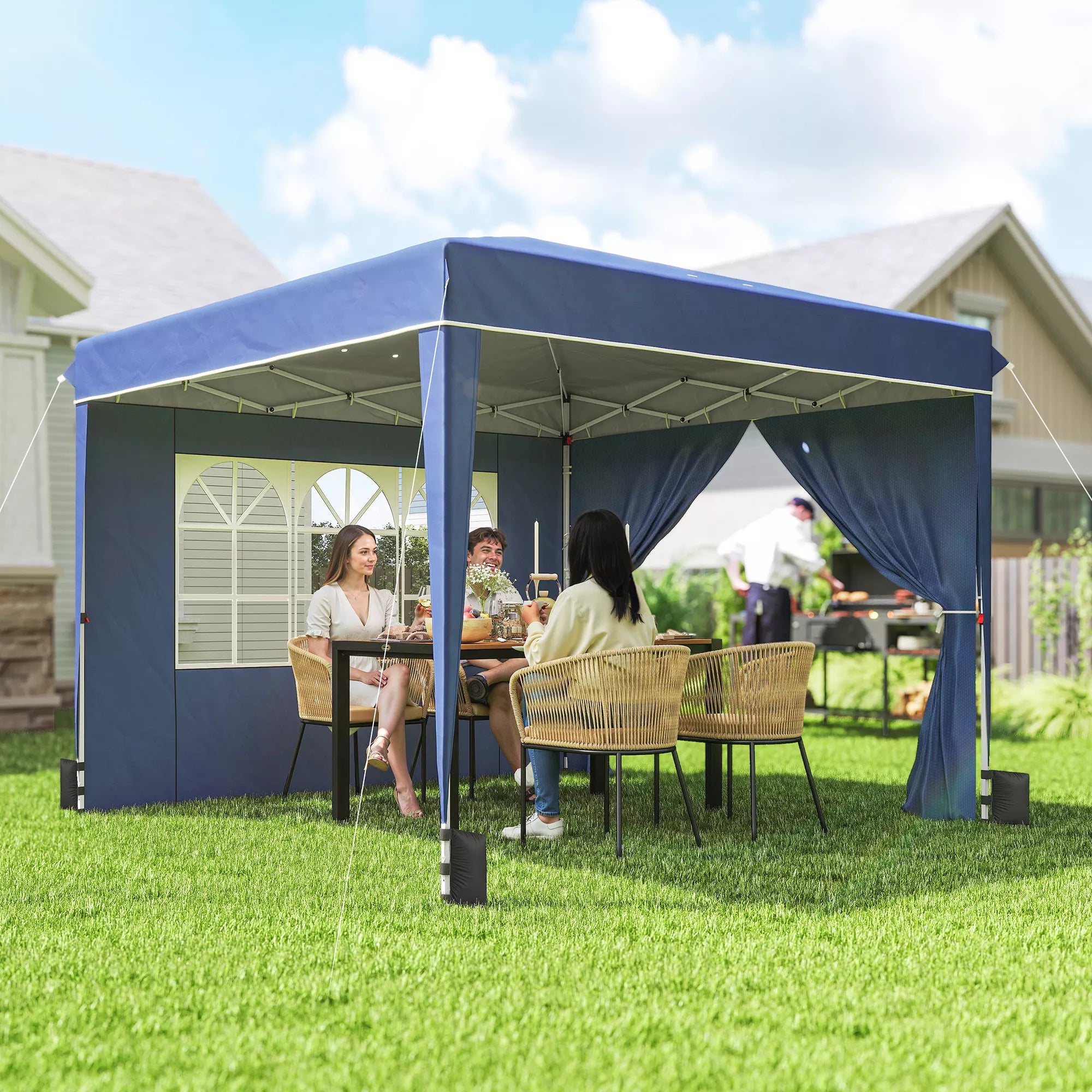 Paviljonas 3 x 3 m, atsparus vandeniui, reguliuojamo aukščio, išskleidžiamas, su 2 šoniniais elementais, UV 50+, sulankstomas, tamsiai mėlynos spalvos