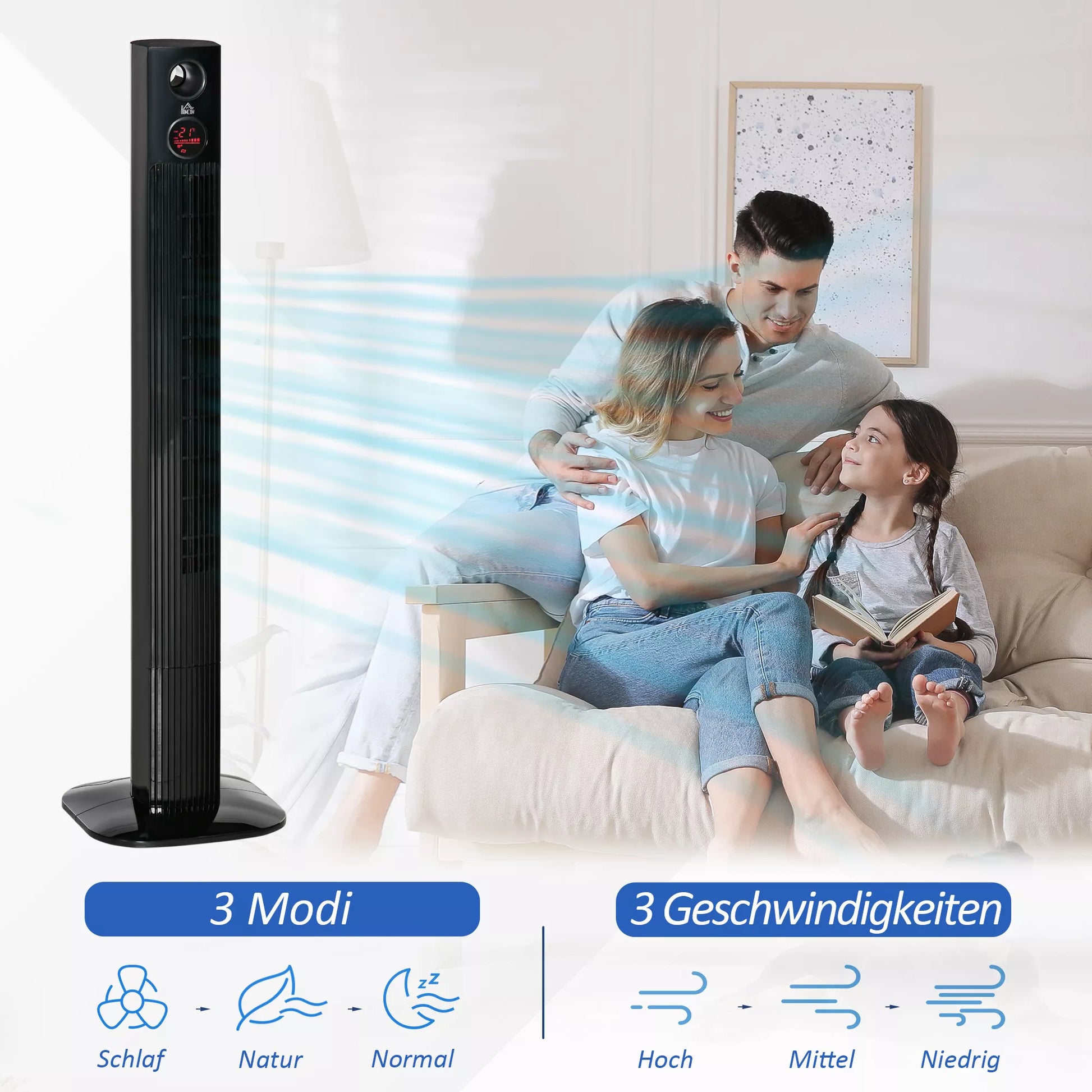 Bokštinis ventiliatorius su nuotolinio valdymo pultu 45 W 70° svyravimas Koloninis ventiliatorius Ventiliatorius su aromato difuzoriumi Laikmačio funkcija 3 ventiliacijos lygiai Juodas