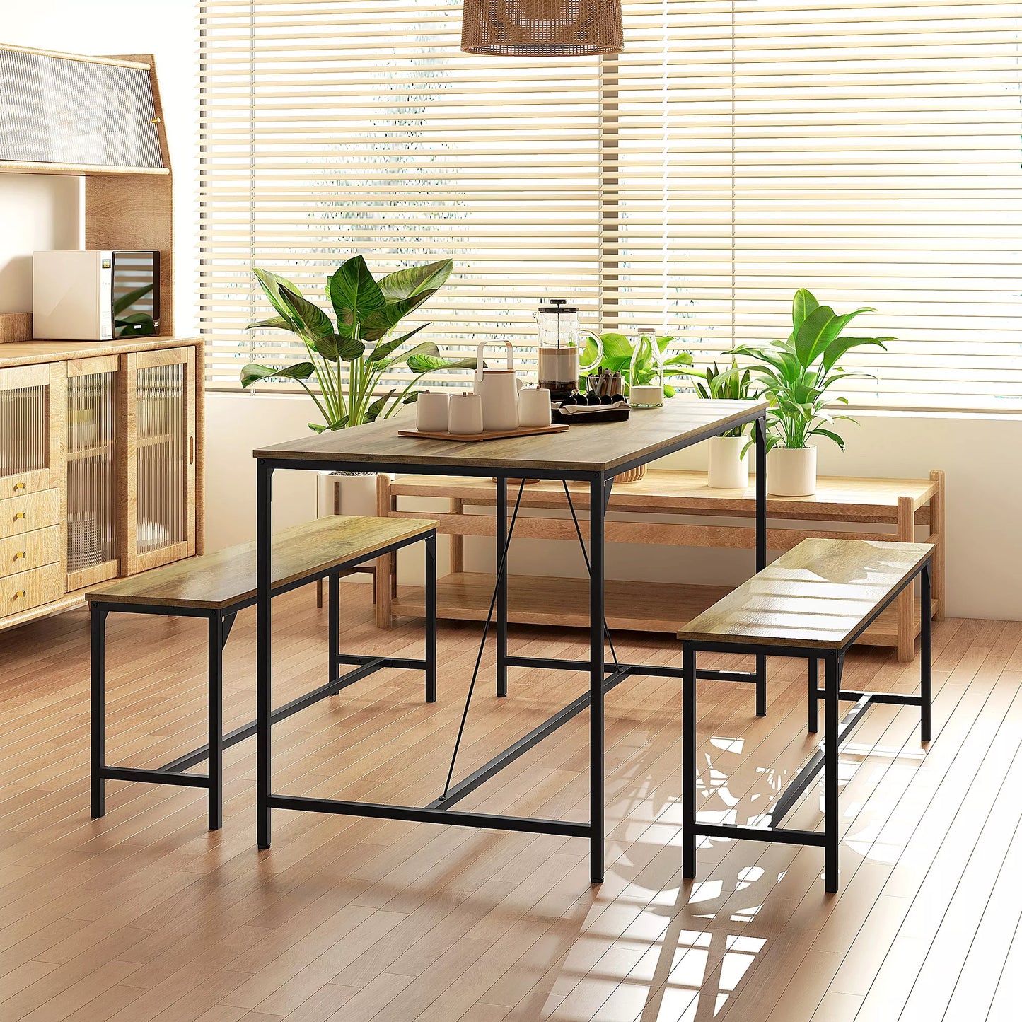 Valgomojo baldų komplektas, Stalas ir 2 suolai, Industrialinis dizainas, Plieno rėmas, Medžio imitacija/Juoda