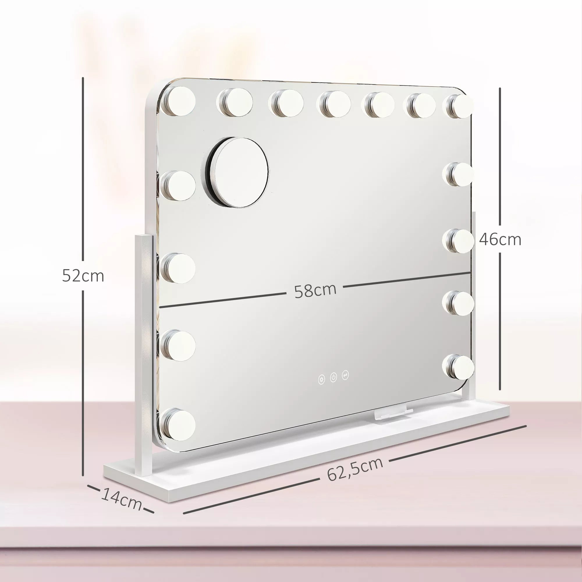 LED kosmetinis veidrodis, 3 apšvietimo režimai, reguliuojamas apšvietimas, jutiklinis valdymas, USB, 62,5 x 49,5 cm, baltas