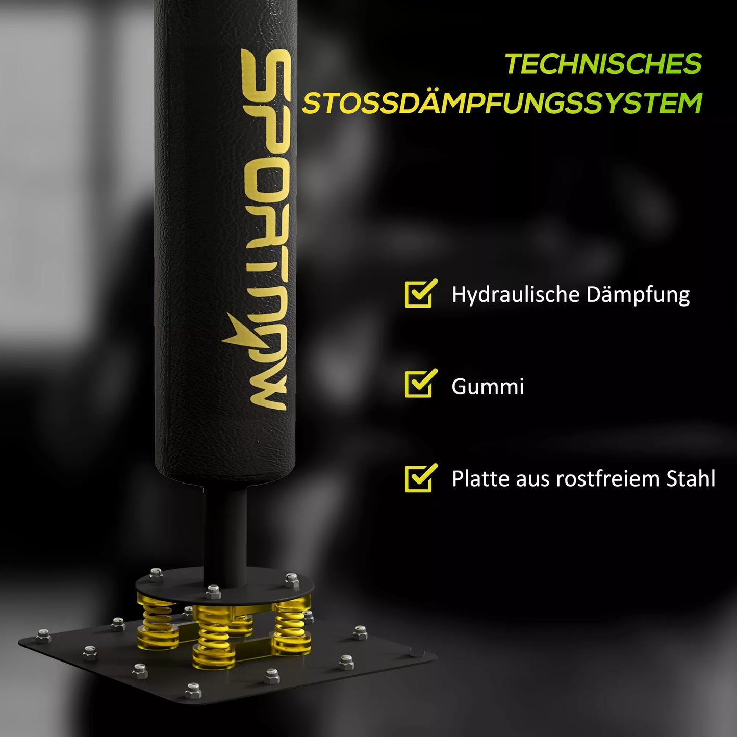 Bokso stendas, du speedball'ai, besisukanti bokso lazda, smūgio pagalvėlės, reguliuojamas aukštis, plienas, 107 x 36 x 140-205 cm, juodas