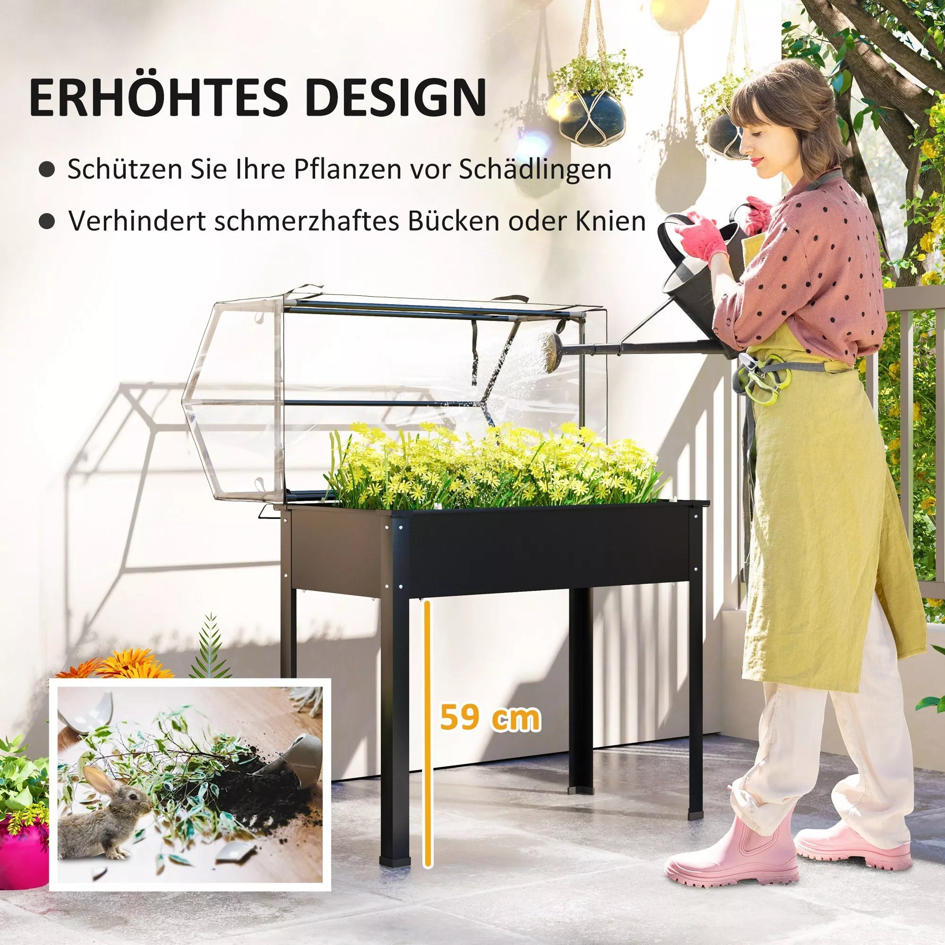 Aukštas lysvė su šiltnamio stogu, pakelta augalų dėžė su drenažo skylėmis, 100 x 48 x 124 cm, juoda