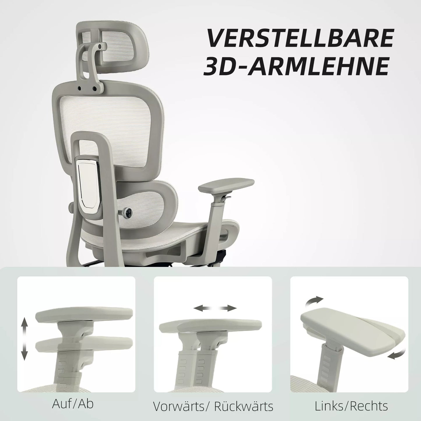 Ergonomiška biuro kėdė su tinklinio audinio atlošu, reguliuojama, ratuota, su porankiais, galvos atrama, smėlio spalvos