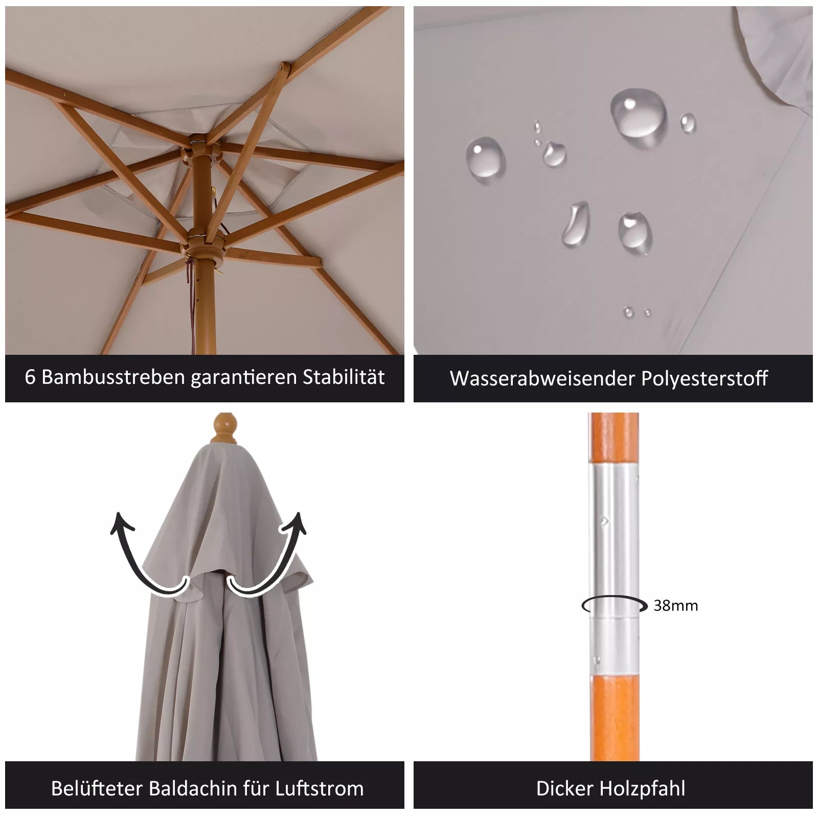 Skėtis nuo saulės Ø 250 cm, skėtis nuo saulės su virvės mechanizmu, balkono skėtis, bambuko paplūdimio skėtis, atsparus vėjui, turgaus skėtis, apsauga nuo saulės balkonui, terasai, sodui, pilkos spalvos.