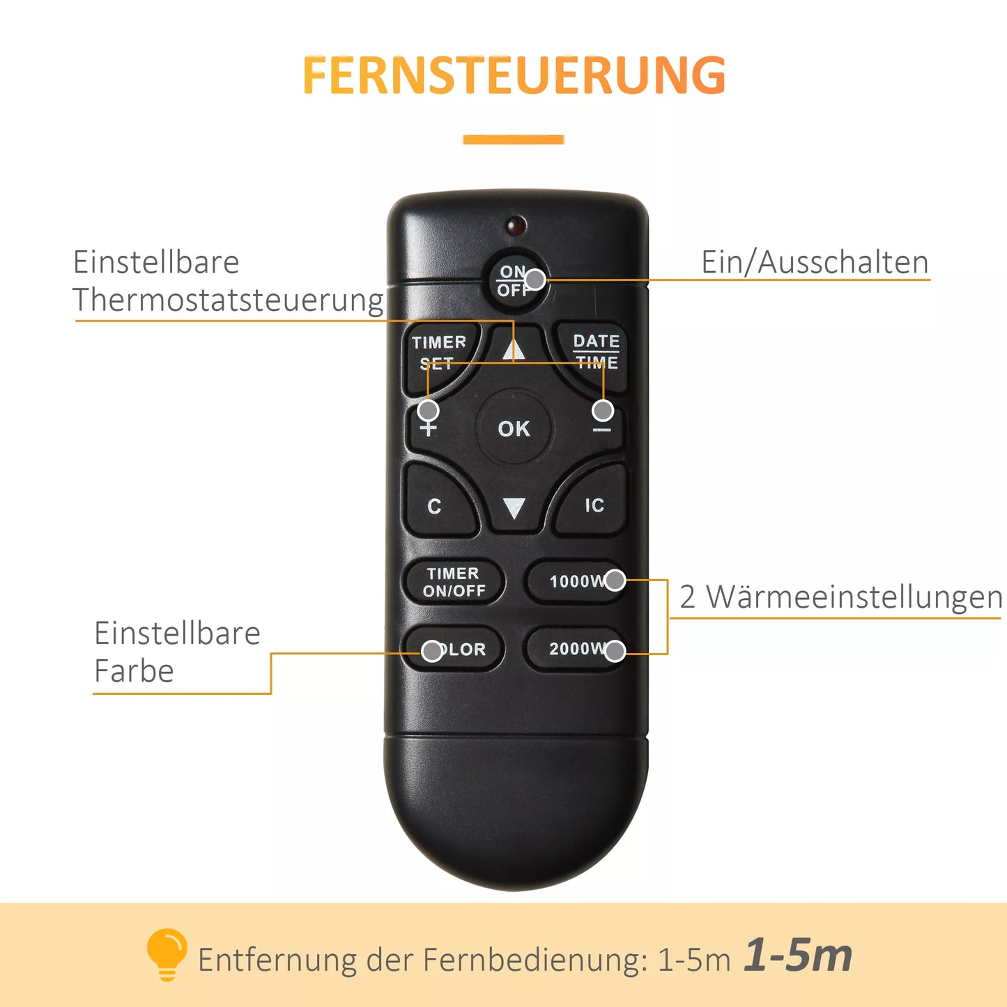 Elektrinis sieninis židinys, 1000W/2000W, LED ugnies efektas, nuotolinio valdymo pultelis, stilinga išvaizda, su šildymo funkcija