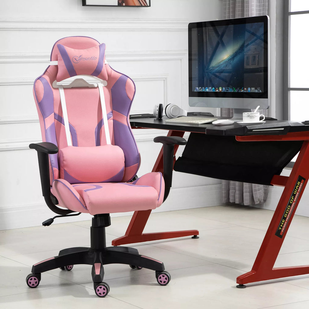Ergonomiška žaidimų kėdė, biuro kėdė, sukamoji kėdė su reguliuojama masažine juosmens atrama, aukščio reguliavimo, rožinė ir violetinė, 69x56x125,5 cm