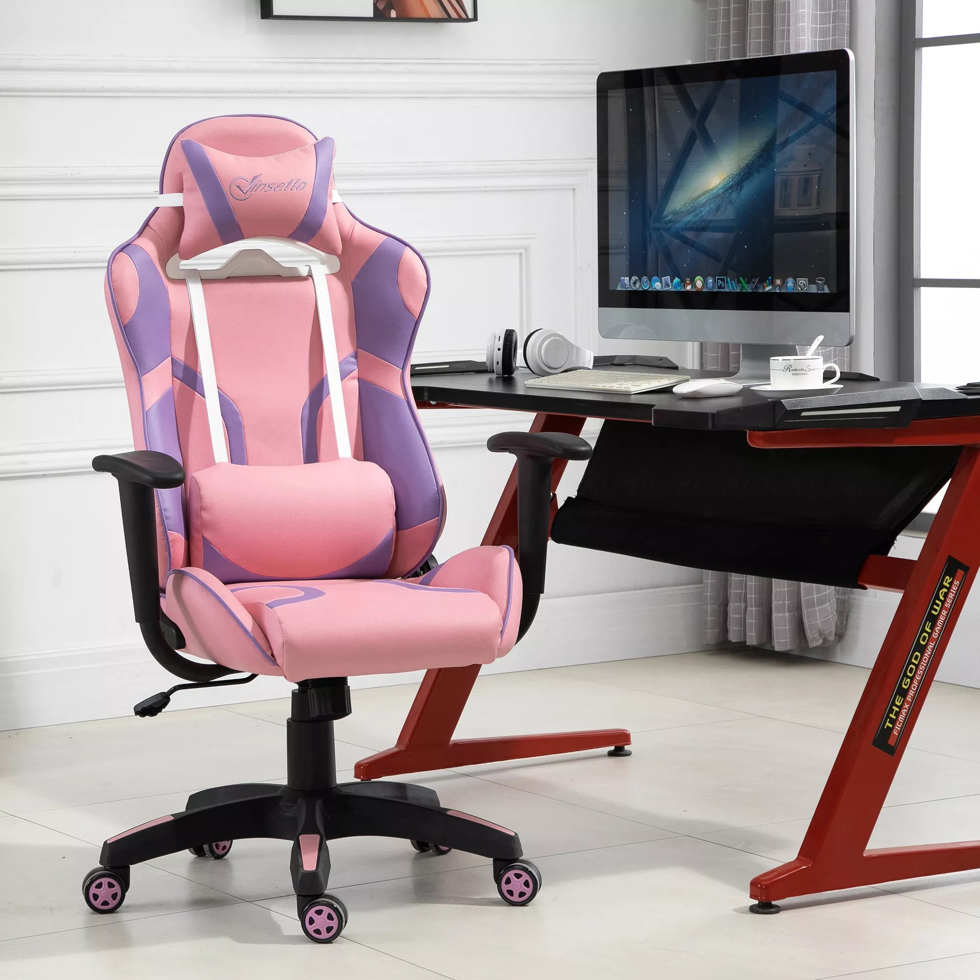 Ergonomiška žaidimų kėdė, biuro kėdė, sukamoji kėdė su reguliuojama masažine juosmens atrama, aukščio reguliavimo, rožinė ir violetinė, 69x56x125,5 cm