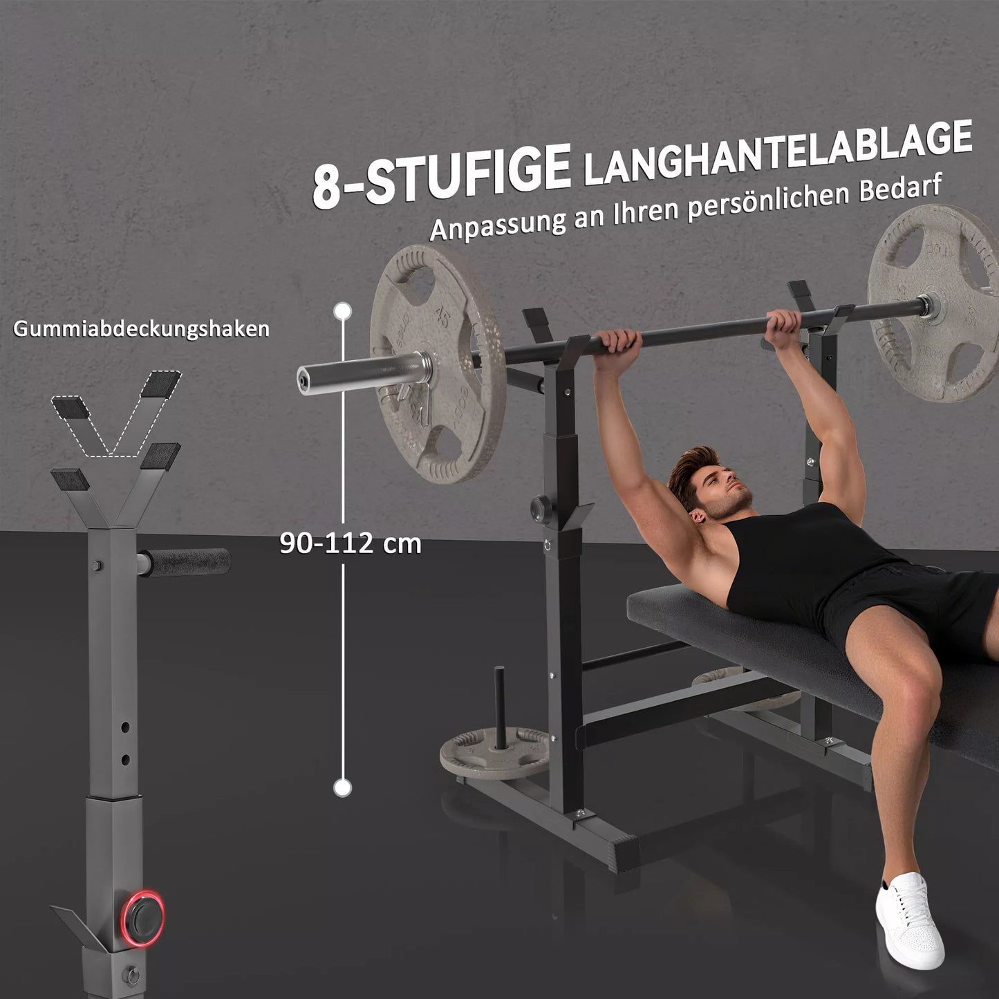 Hantelių suolas, 8 padėčių, sulankstomas, plieninė bazė, paminkštintas, dirbtinė oda, 98-122 aukšt. x 140 il. x 73 pl. cm, juoda/pilka