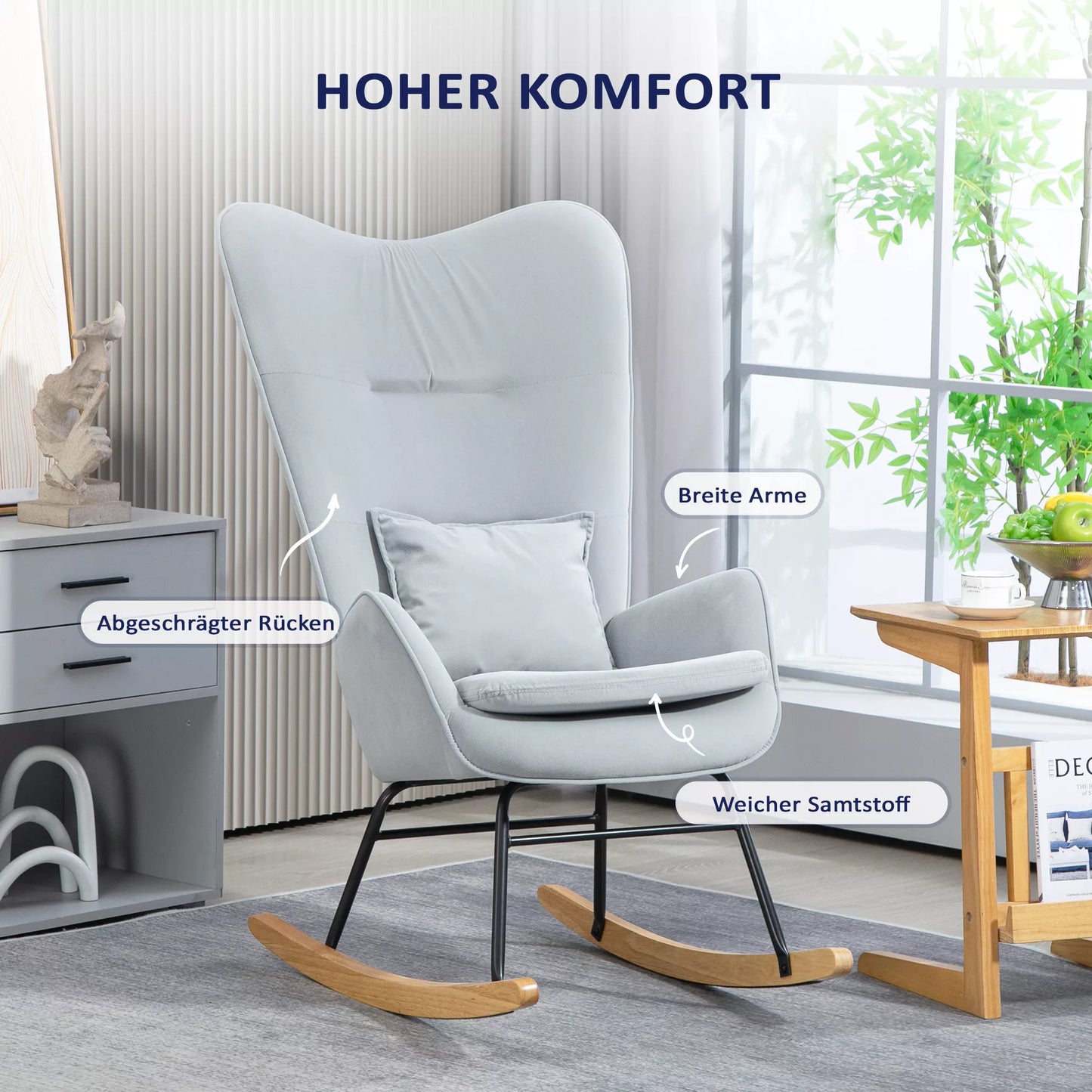 Supamas krėslas, minkštas užvalkalas su aksomo išvaizda, su juosmens atramine pagalvėle, atlaiko iki 120 kg, 67 x 85 x 112 cm, šviesiai pilka