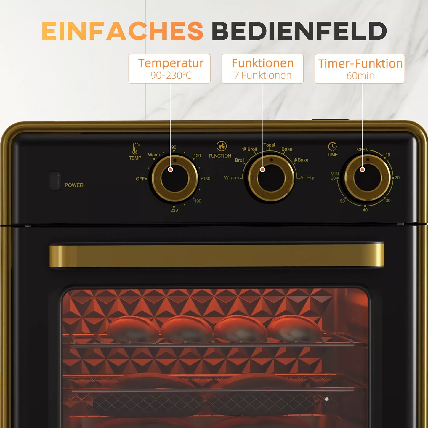 Mini-orkaitė, 20 litrų, gruzdinimas be aliejaus, grilis, kepimas, karšto oro cirkuliacija, 90-230° C, laikmatis, 1400W, juoda+auksinė