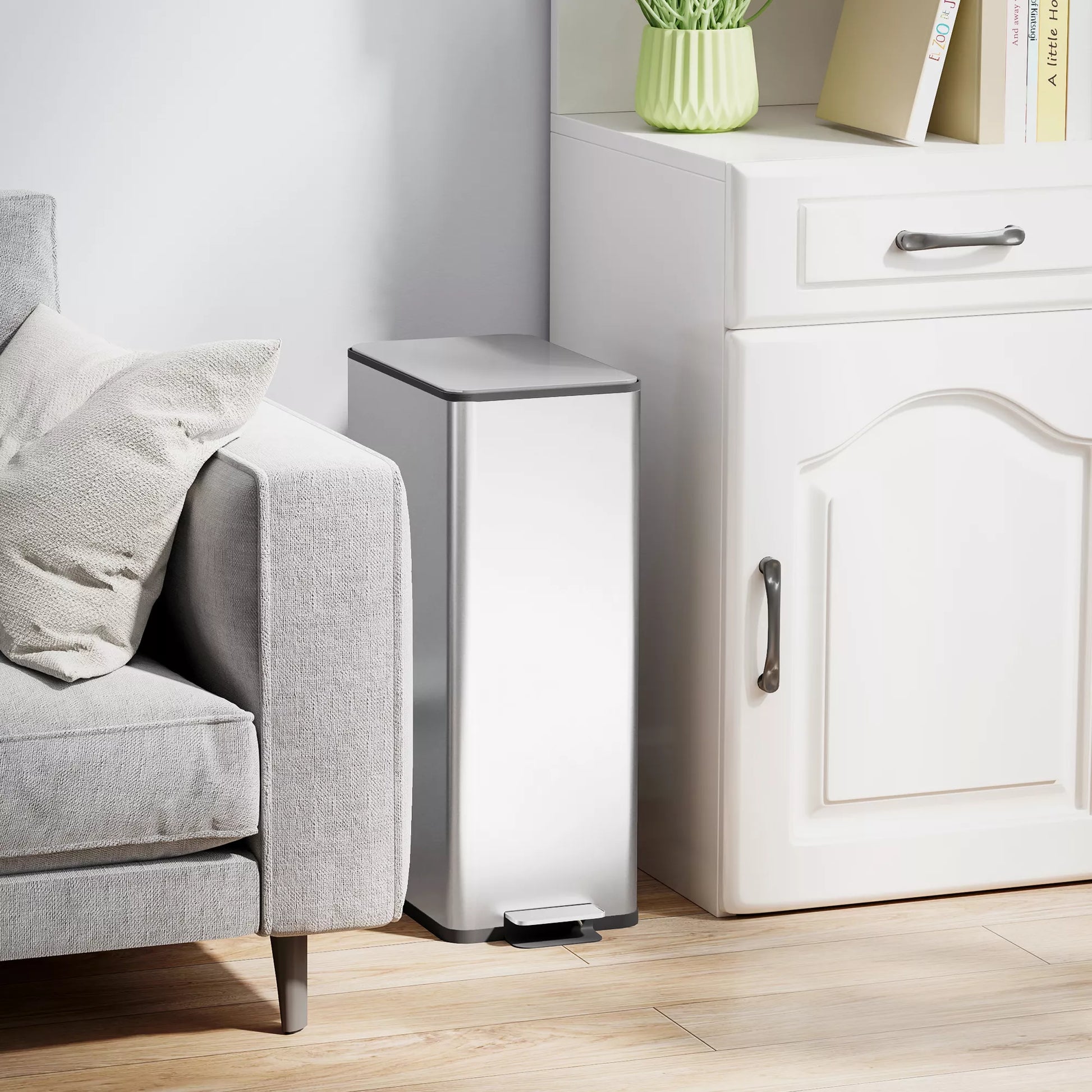 Šiukšliadėžė 20L, švelnaus uždarymo dangtis, su dezodoranto skyreliu, atspari pirštų atspaudams, nerūdijantis plienas, sidabrinė