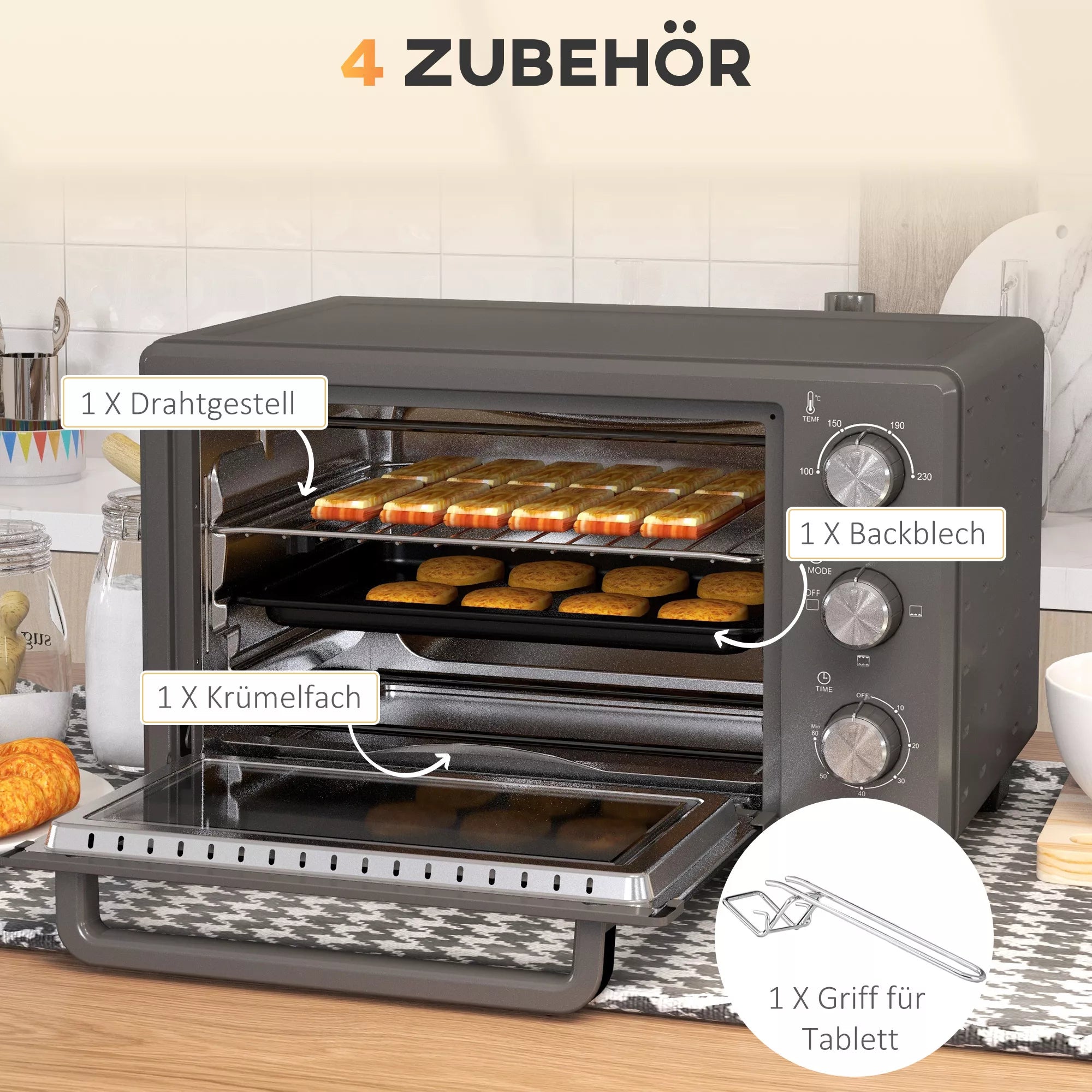Mini orkaitė, 21 l Tosteris su 1 vieliniu grotelių rėmu ir 1 kepimo skarda, 3 kepimo režimai, 100 °C–230 °C, nerūdijantis plienas, stiklas, pilka spalva