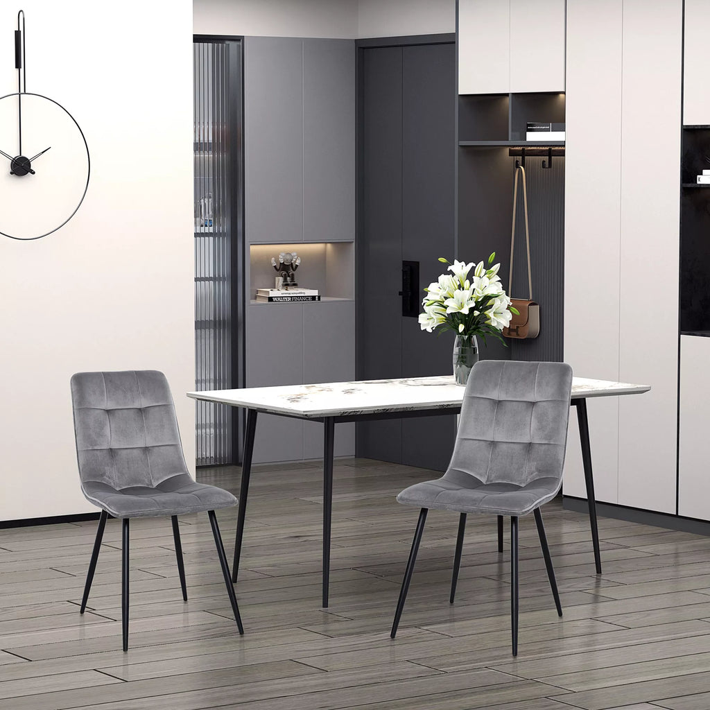 2 vnt. valgomojo kėdžių komplektas, minkšta virtuvės kėdė su aksomo išvaizda, valgomojo stalas, aksomas, metalas, pilka+juoda, 45 x 63 x 90 cm