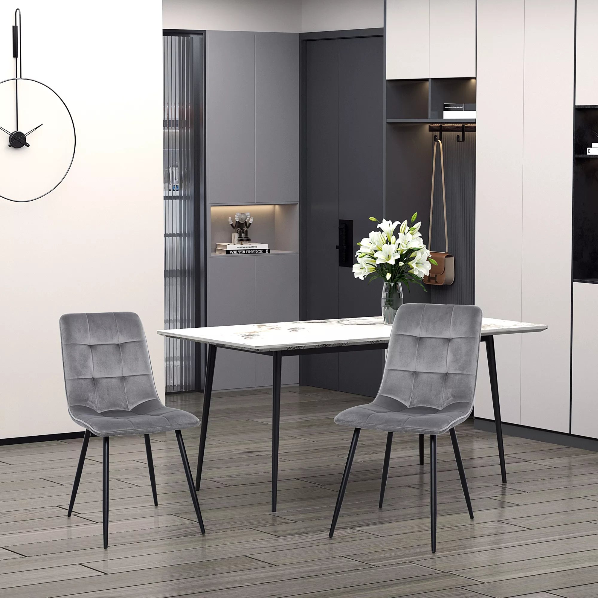 2 vnt. valgomojo kėdžių komplektas, minkšta virtuvės kėdė su aksomo išvaizda, valgomojo stalas, aksomas, metalas, pilka+juoda, 45 x 63 x 90 cm