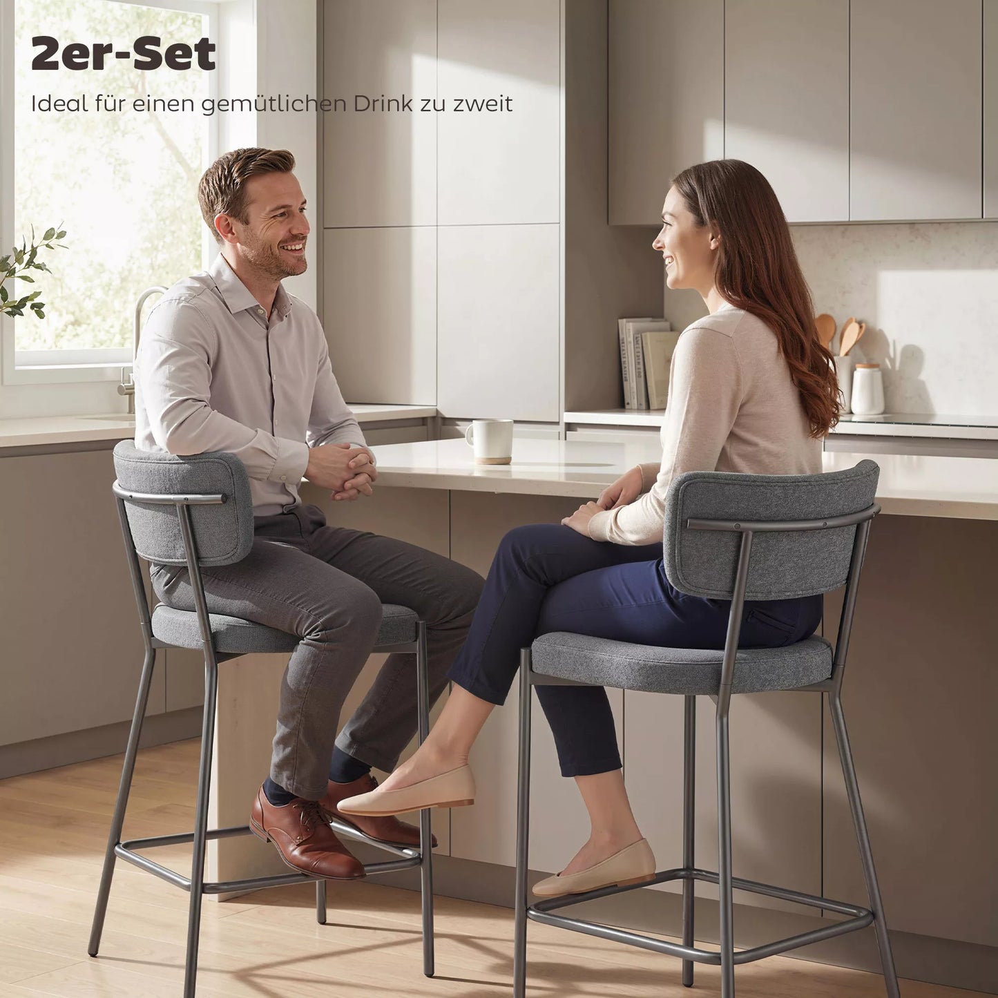 Baro kėdžių komplektas, minkštos baro kėdės su išlenktu atlošu, plienas ir tekstilė bei putų poliuretanas, 2 vnt., pilka