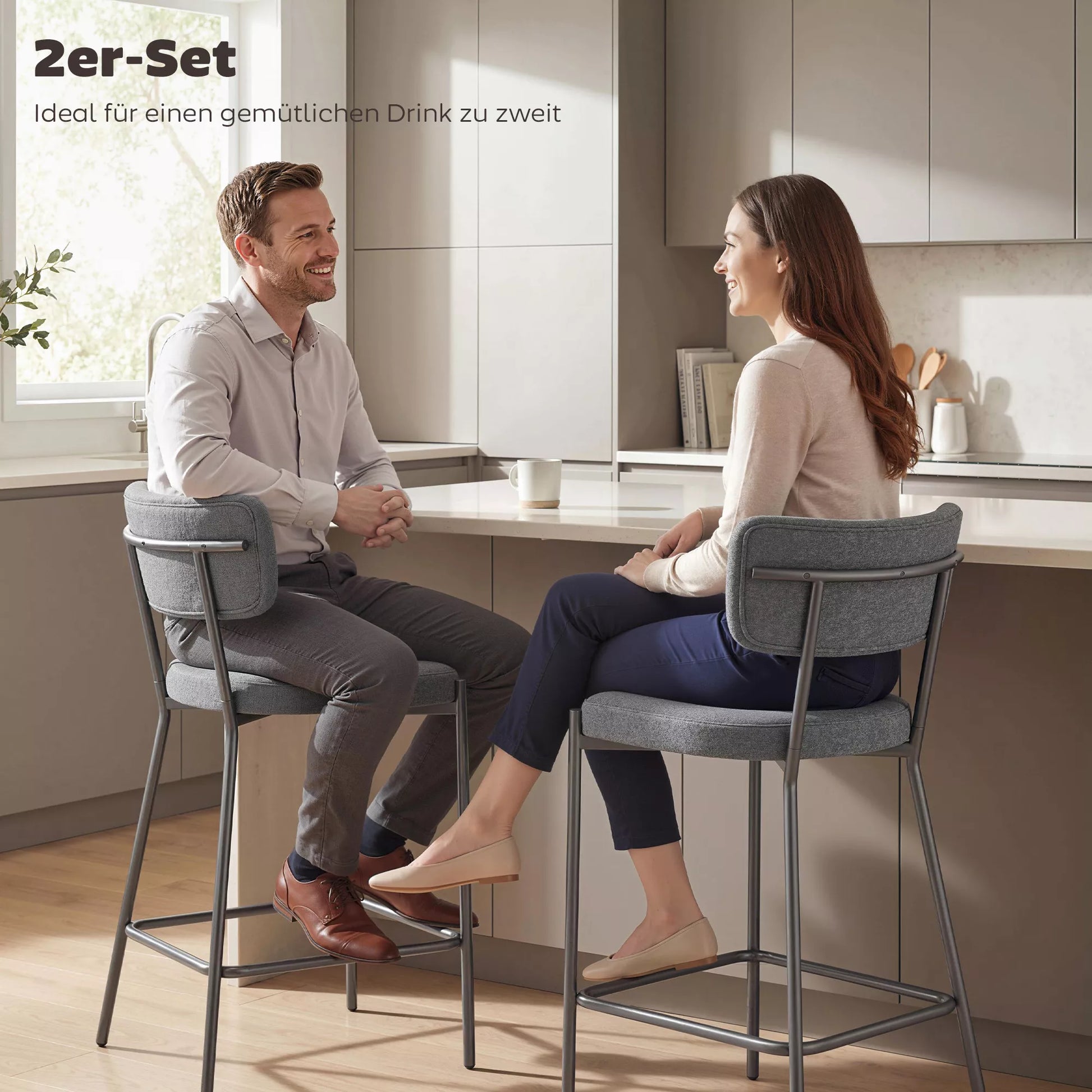 Baro kėdžių komplektas, minkštos baro kėdės su išlenktu atlošu, plienas ir tekstilė bei putų poliuretanas, 2 vnt., pilka